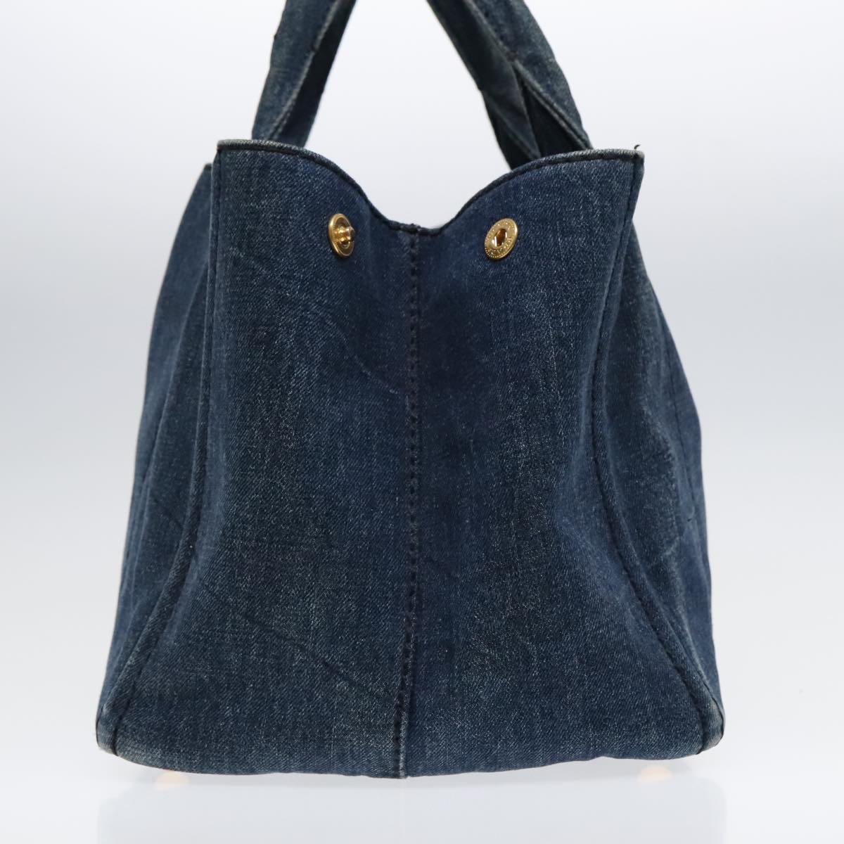 Luxury Prada Canapa MM Hand Bag Denim Blue Gold  90567