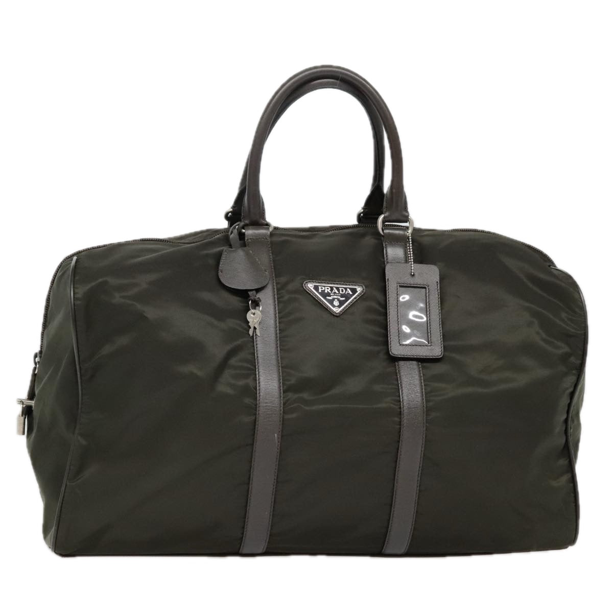 Luxury Prada Boston Bag Nylon Leather Khaki Dark Brown Silver  90569