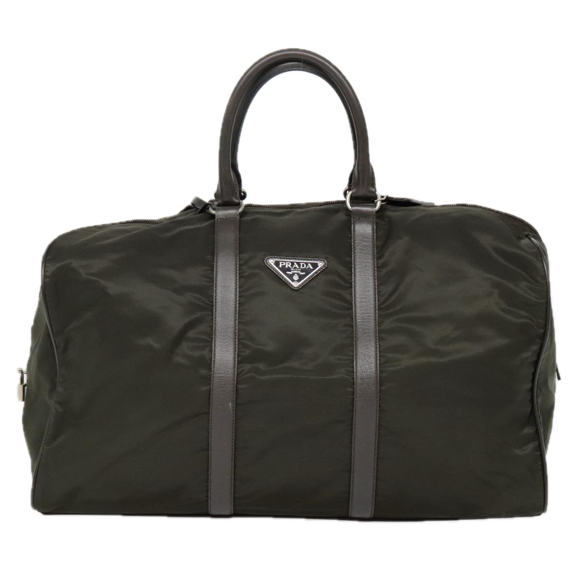 Luxury Prada Boston Bag Nylon Leather Khaki Dark Brown Silver  90569