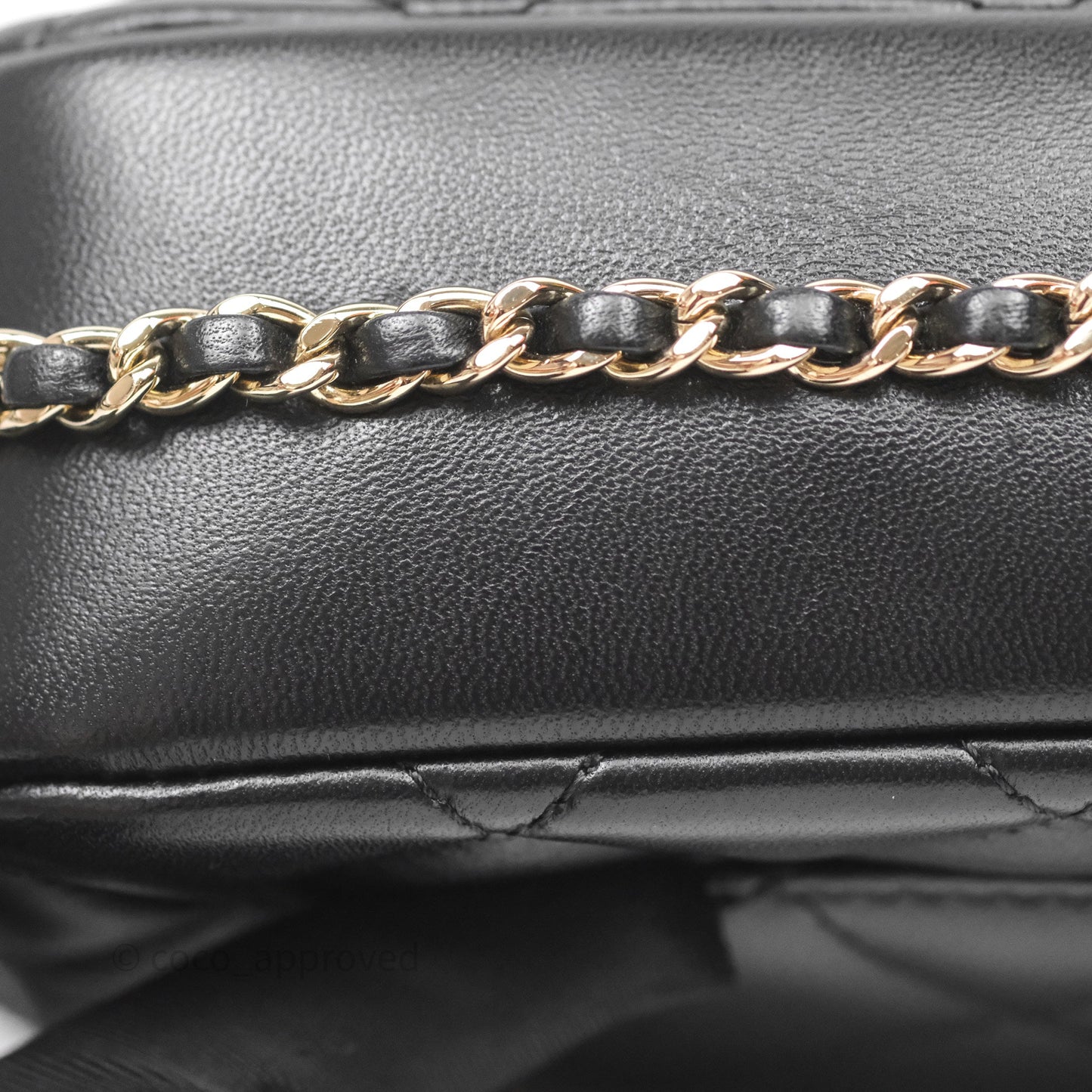 Chanel Logo Pearl Chain Flap Bag Black Lambskin Gold Hardware