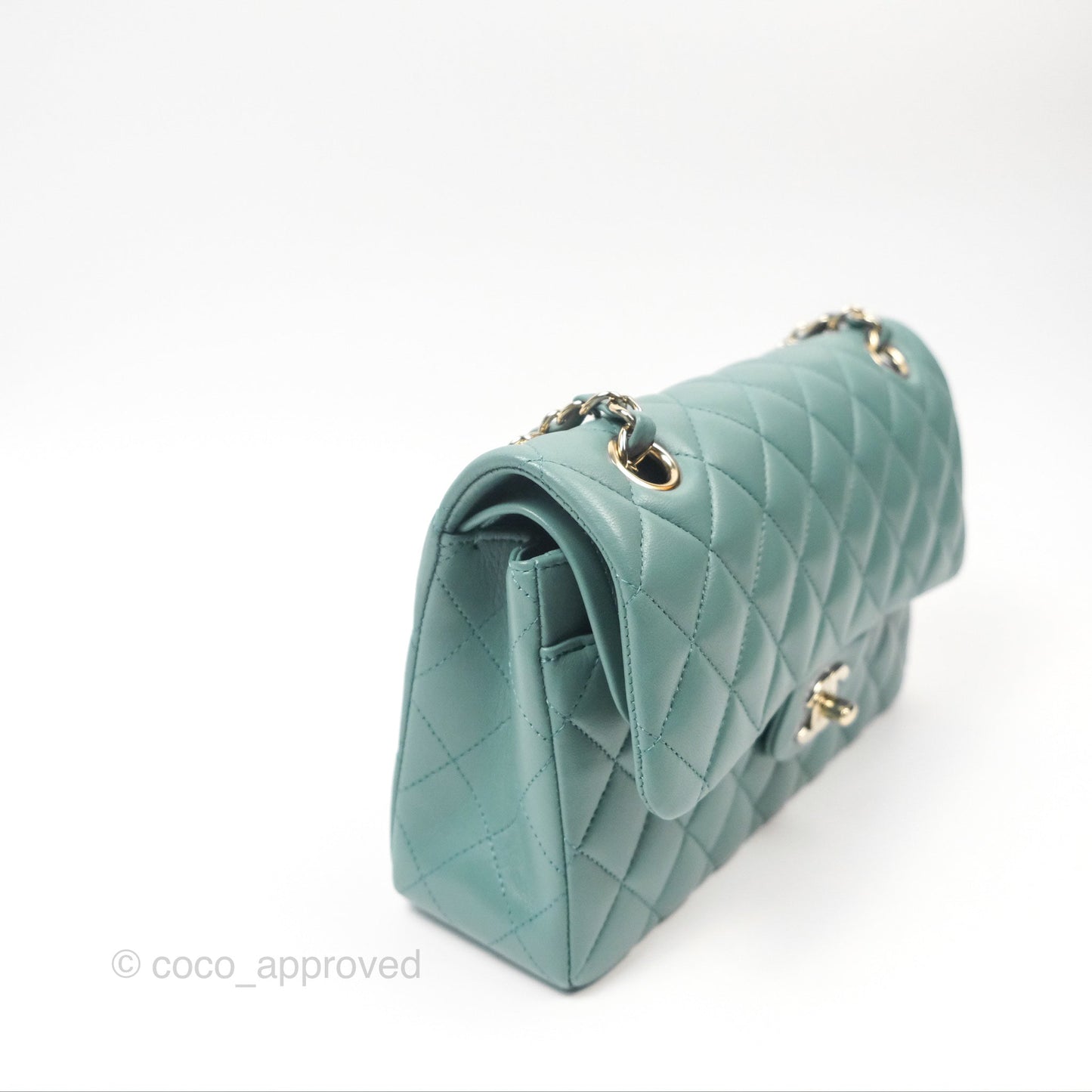 Chanel Small Quilted Classic Flap Dark Tiffany Green Lambskin Gold Hardware