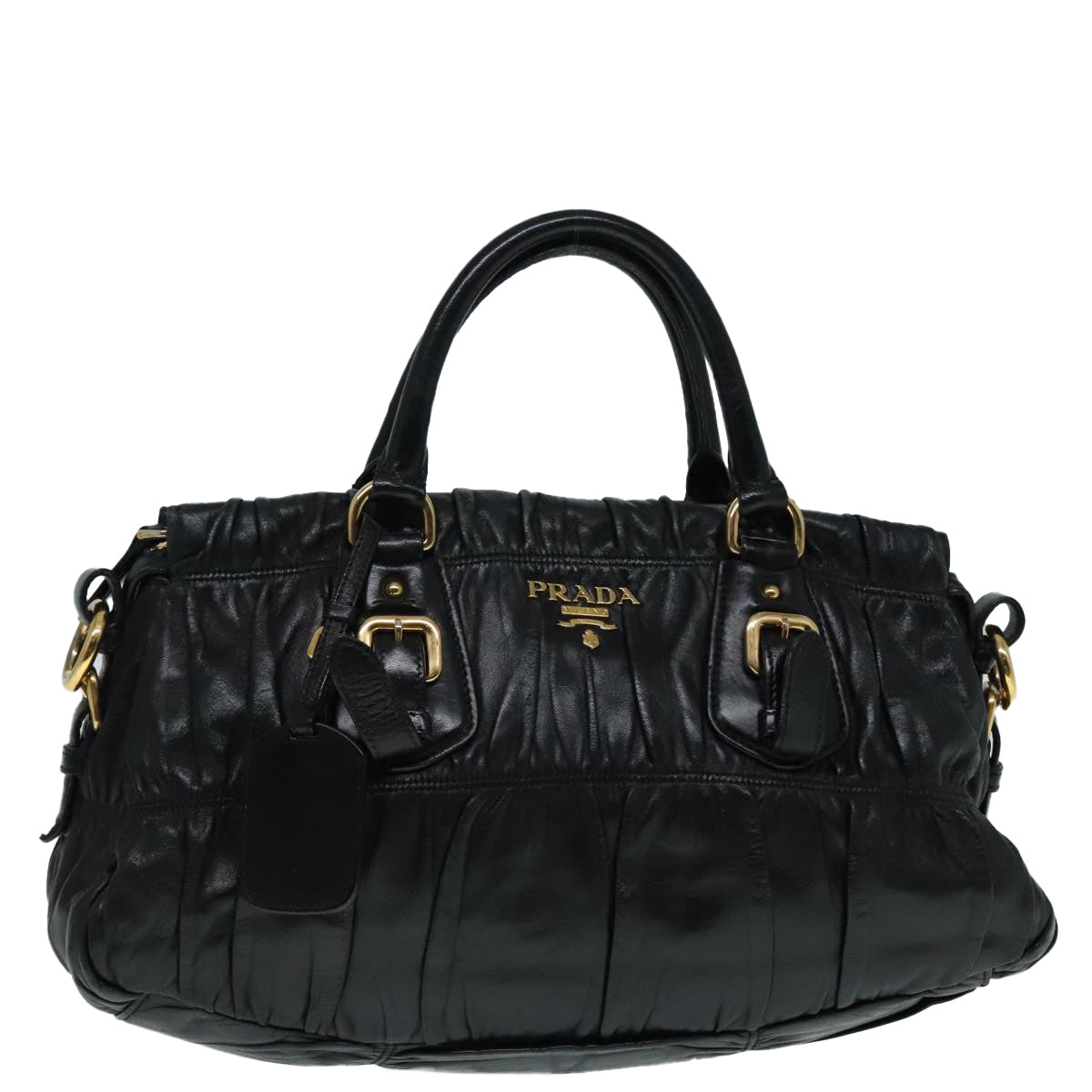 Luxury Prada Gathered Hand Bag Leather Black Gold  90639