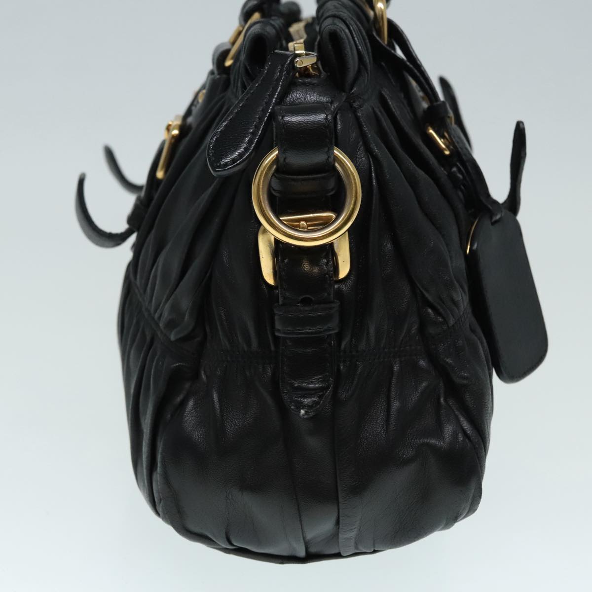 Luxury Prada Gathered Hand Bag Leather Black Gold  90639