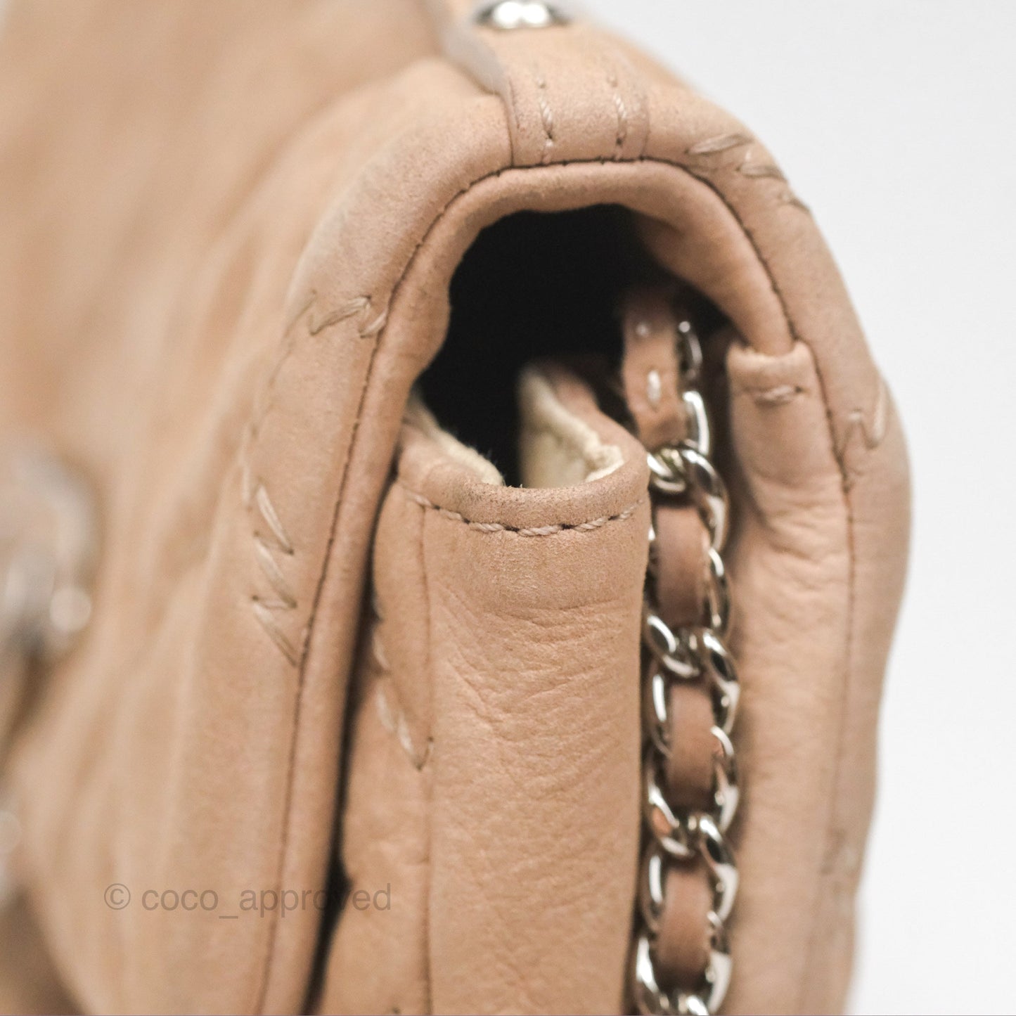 Chanel Double Stitch Hamptons Clutch With Chain Beige Washed Calfskin