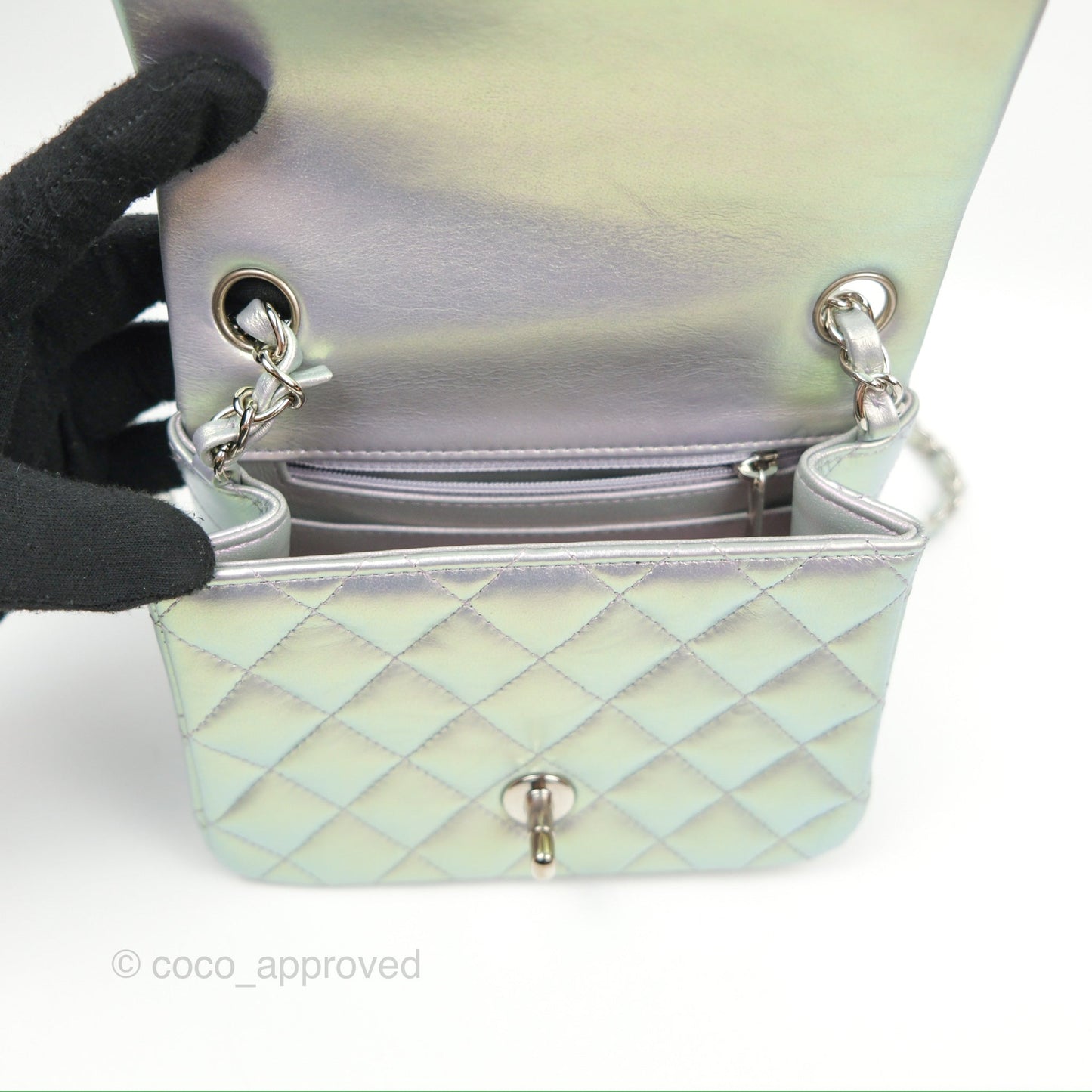 Chanel Mini Square Quilted Iridescent Lilac Silver Hardware 21K