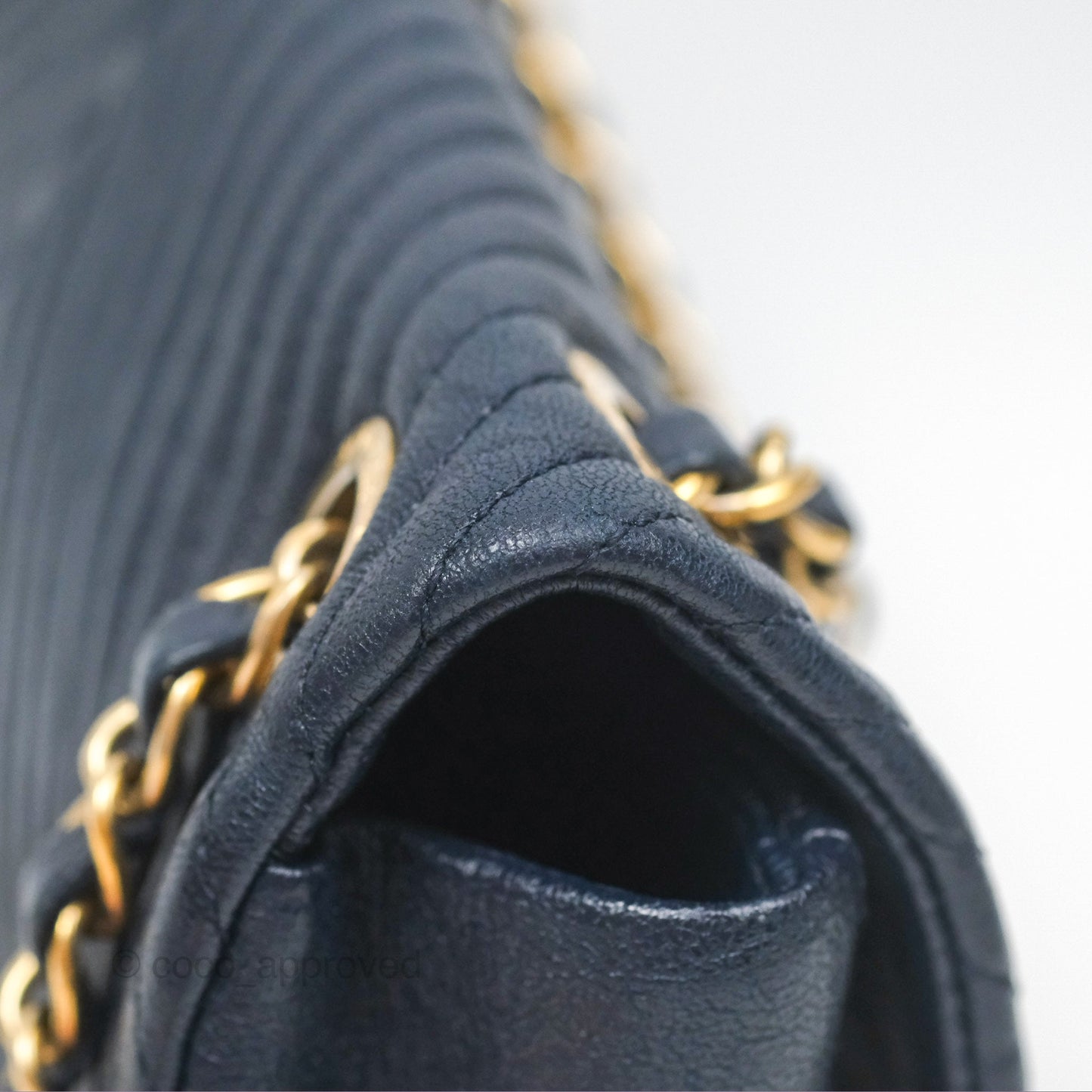 Chanel Small Chevron Surpique Flap Navy Calfskin Aged Gold Hardware