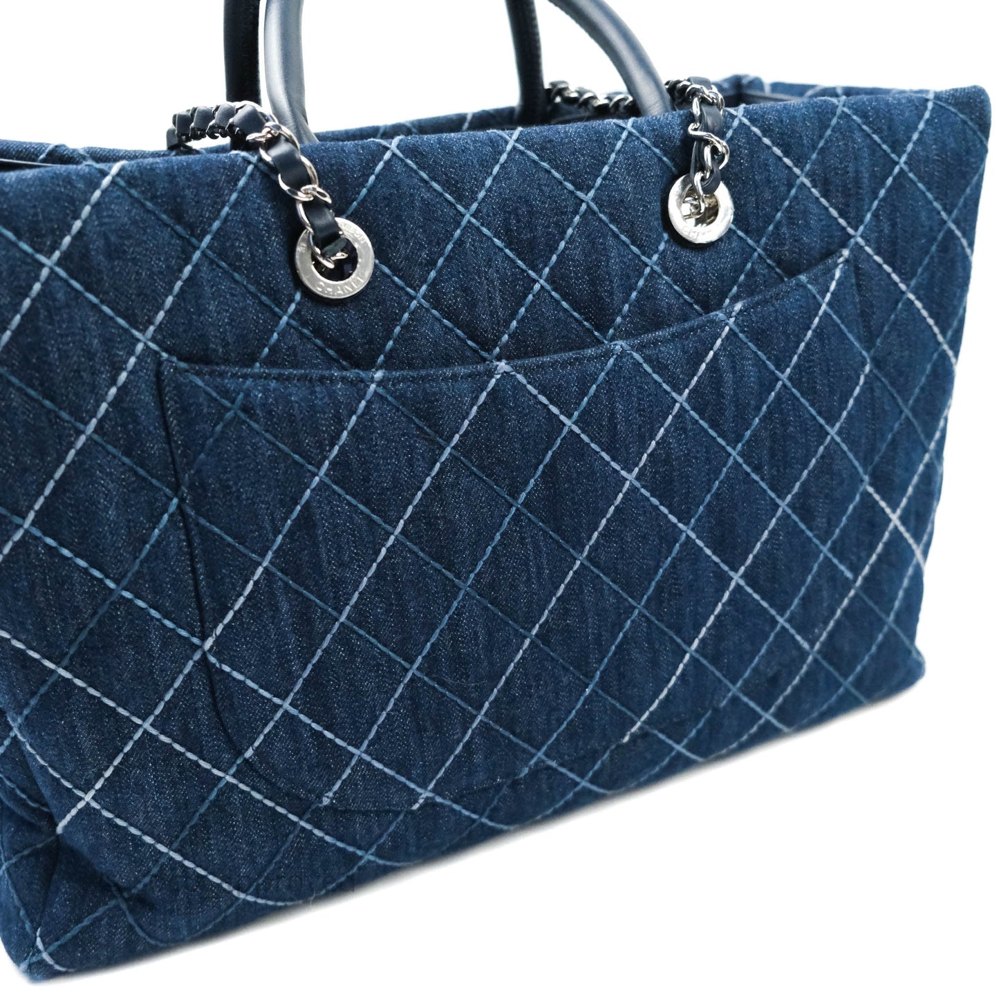 Chanel Quilted Large Coco Handle Shopping Tote Denim Silver Hardware
