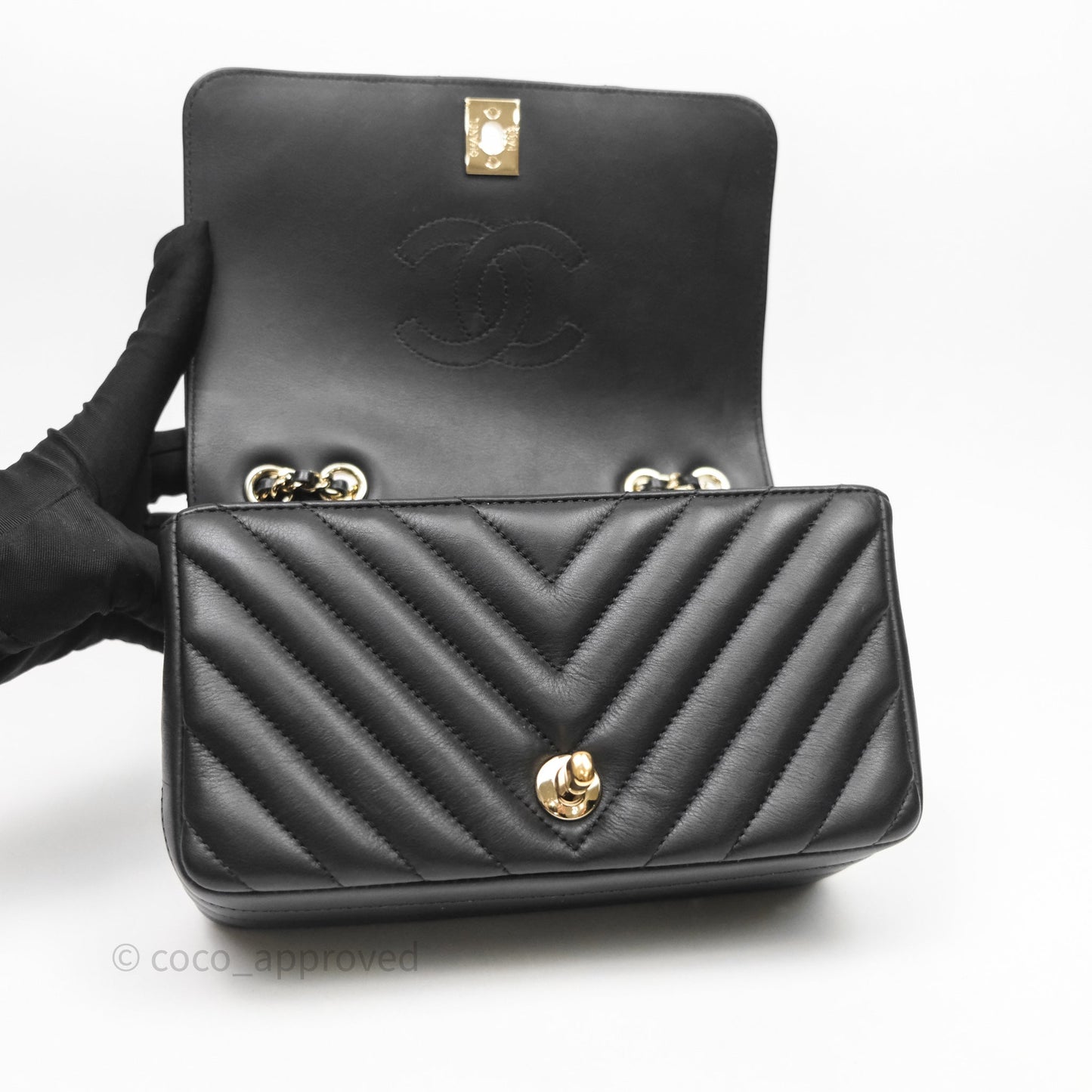 Chanel Black Lambskin Chevron Quilted Statement Flap Bag Light Gold Hardware