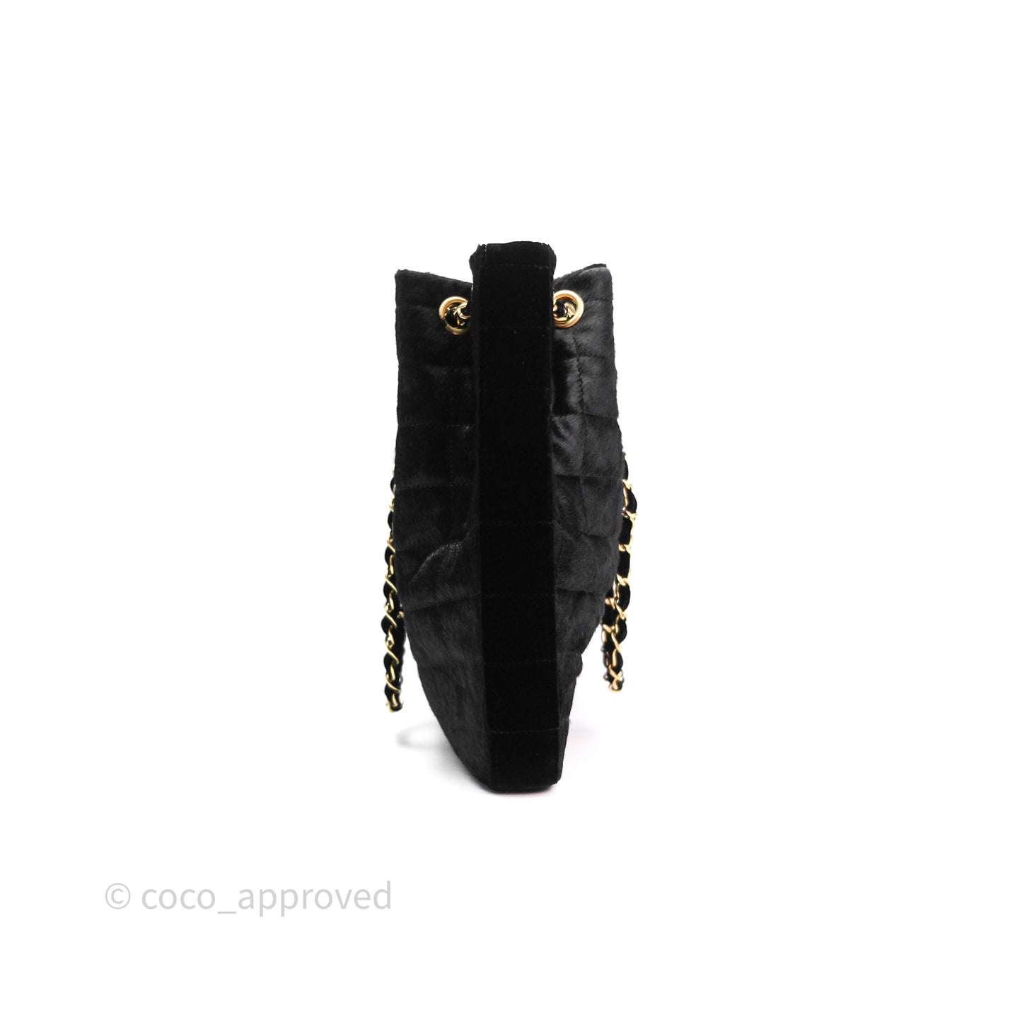 Chanel Vintage Quilted Drawstring Tote Bag Pony Hair Velvet Gold Hardware