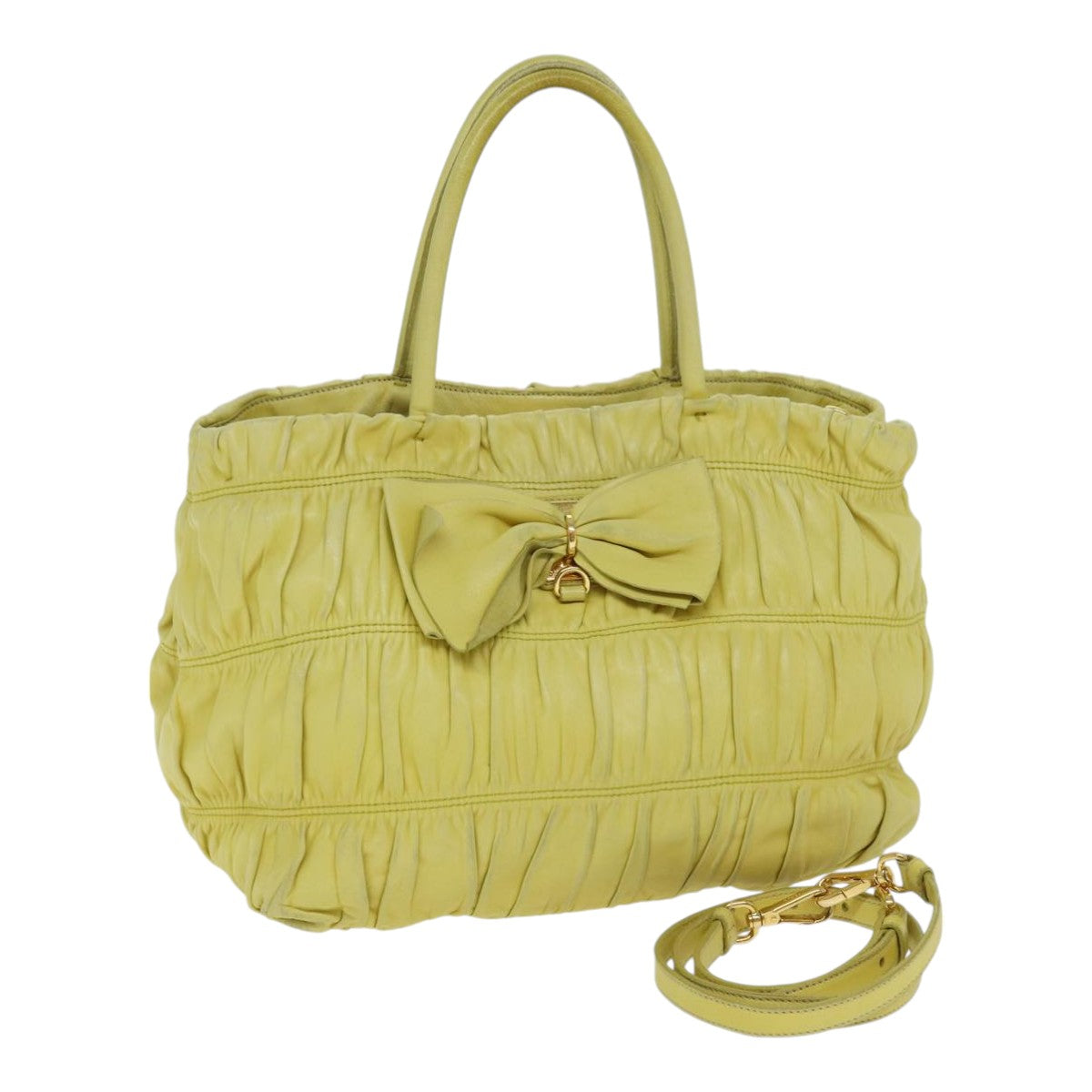 Luxury Prada Gathered Hand Bag Leather 2way Yellow  90890