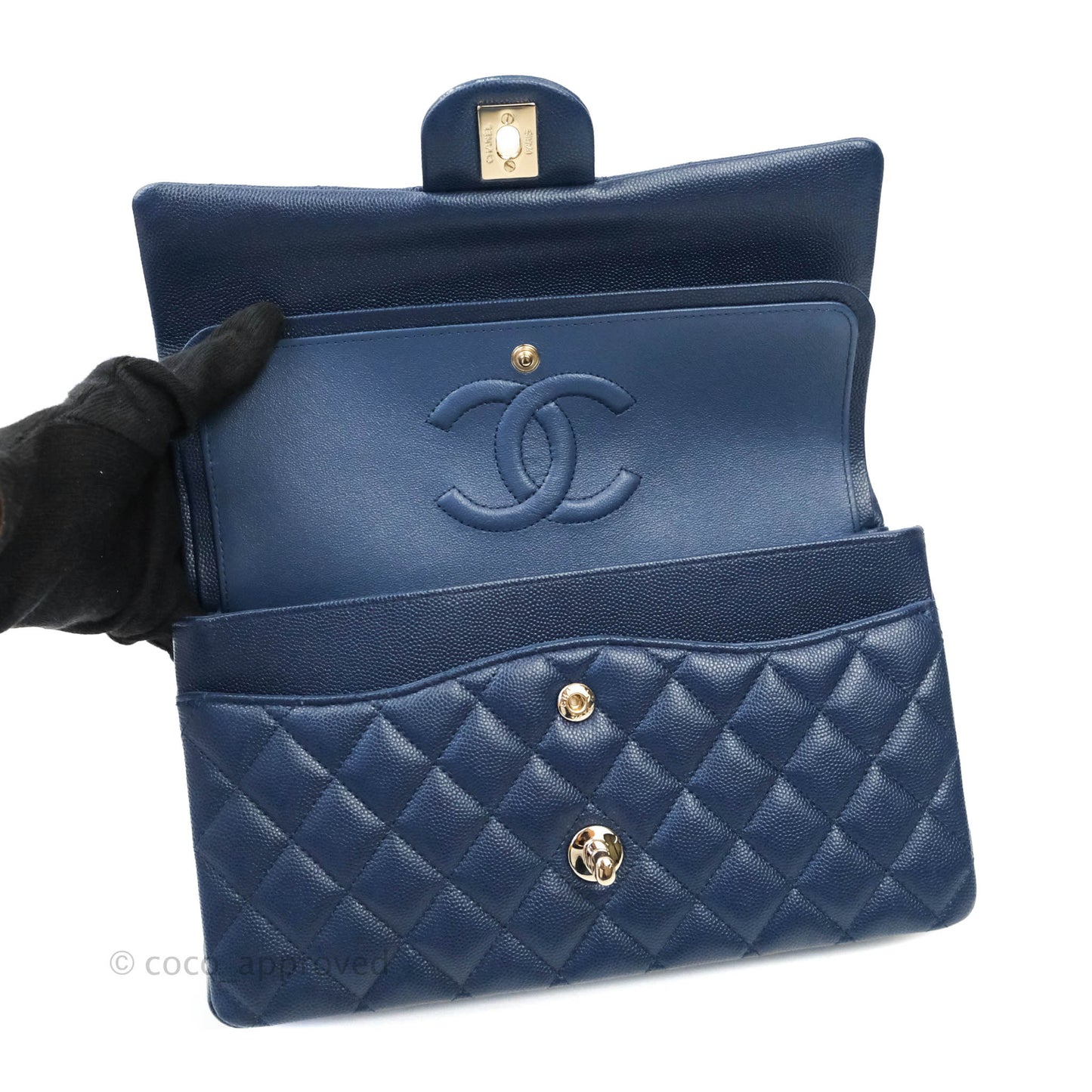 Chanel Quilted M/L Medium Double Flap Navy Caviar Gold Hardware 17B