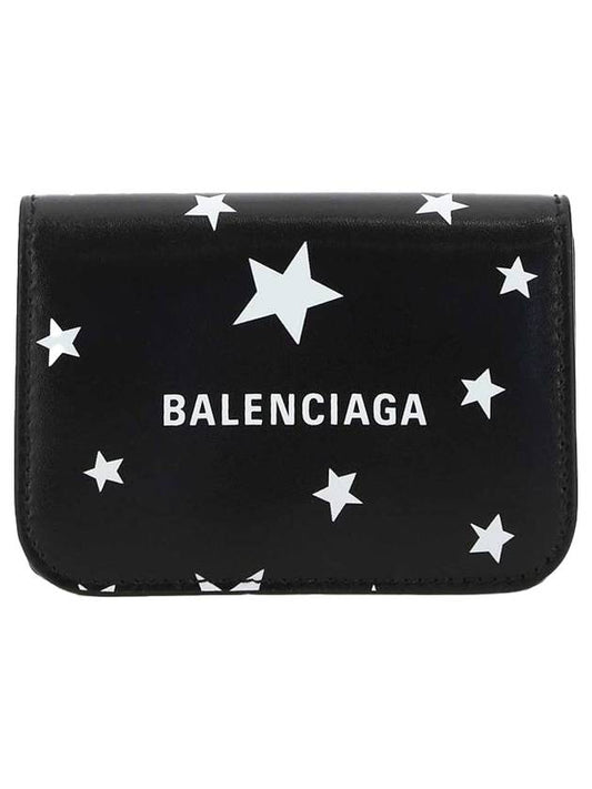 Luxury Balenciaga Star Logo Print Tri-Fold Half Wallet Black