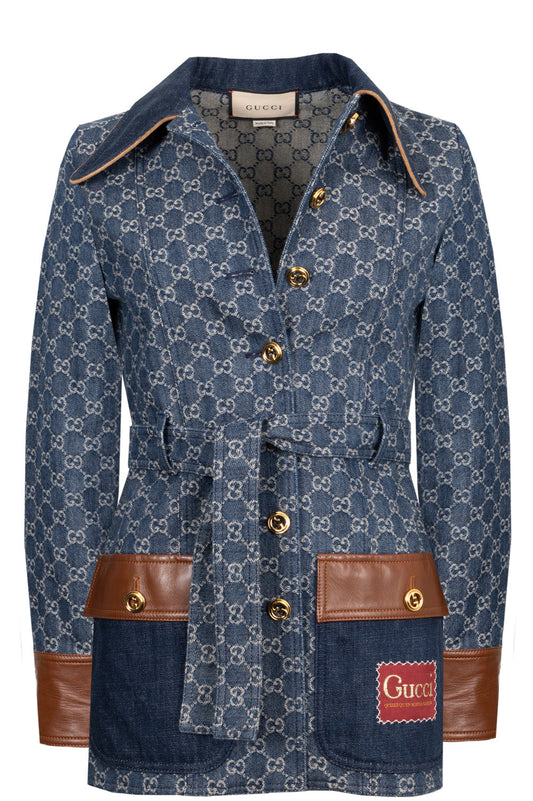 Luxury Gucci Trending 2025 Jacquard GG Leather Detail Denim Jacket