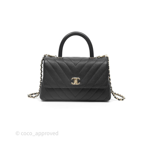 Chanel Small Coco Handle Chevron Black Caviar Gold Hardware Lizard Handle