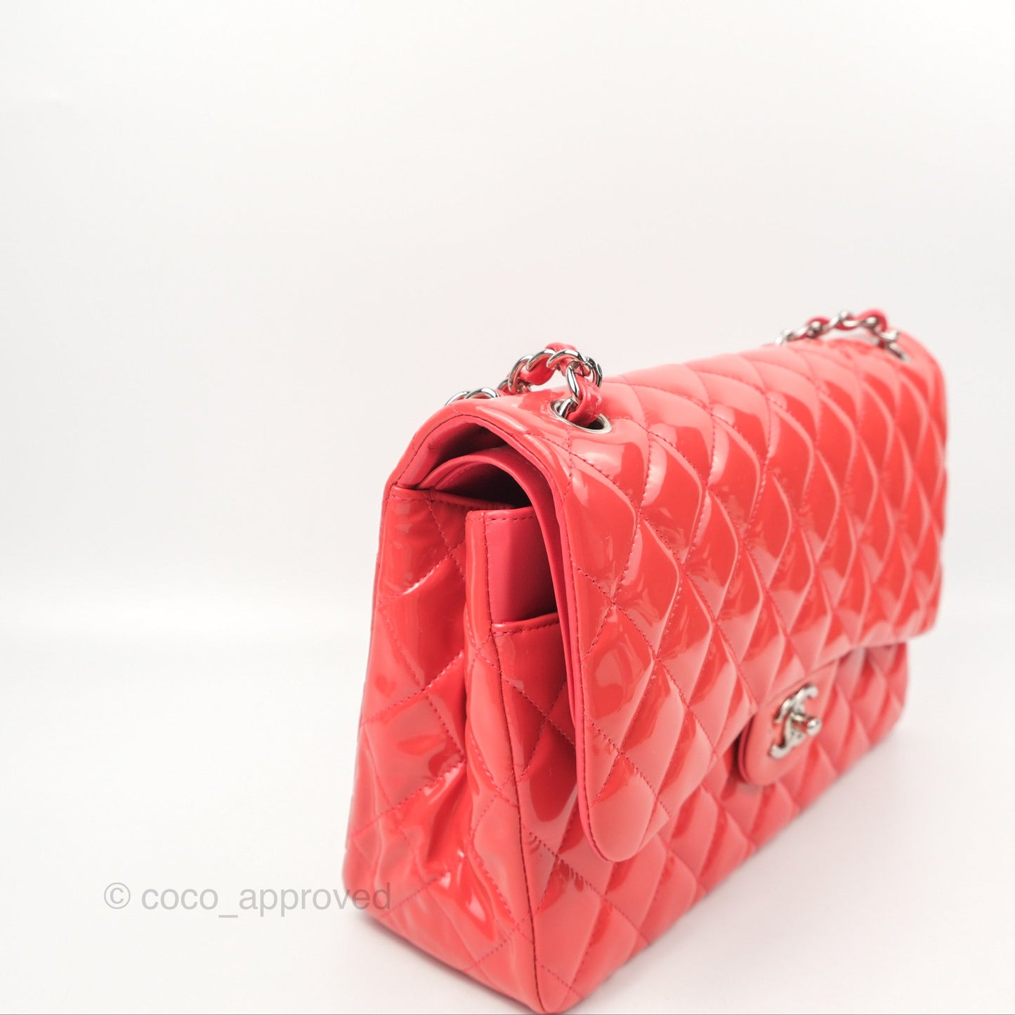 Chanel Jumbo Double Flap Coral Pink Patent Silver Hardware⁣⁣