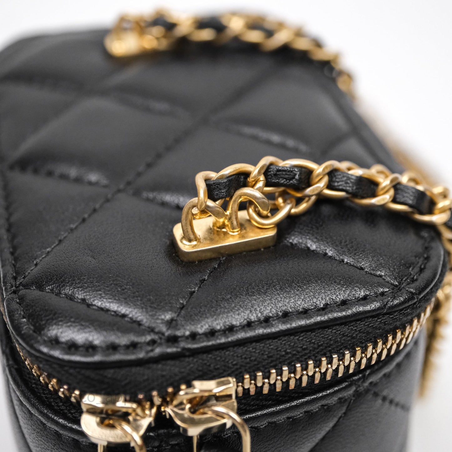 Chanel Mini Vanity With Double Chain Black Lambskin Aged Gold Hardware