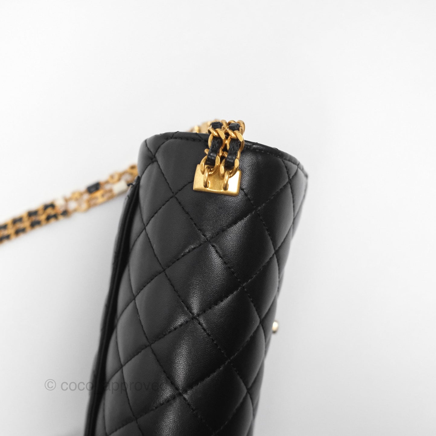Chanel Flap Bag with Logo Enamel Chain Black Lambskin 22B