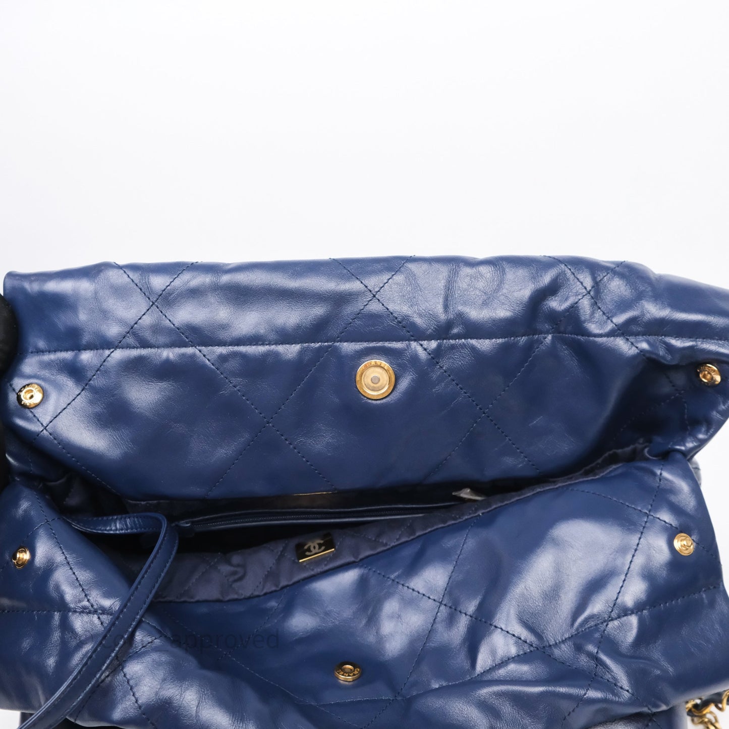 Chanel 22 Small Blue Shiny Calfskin Aged Gold Hardware