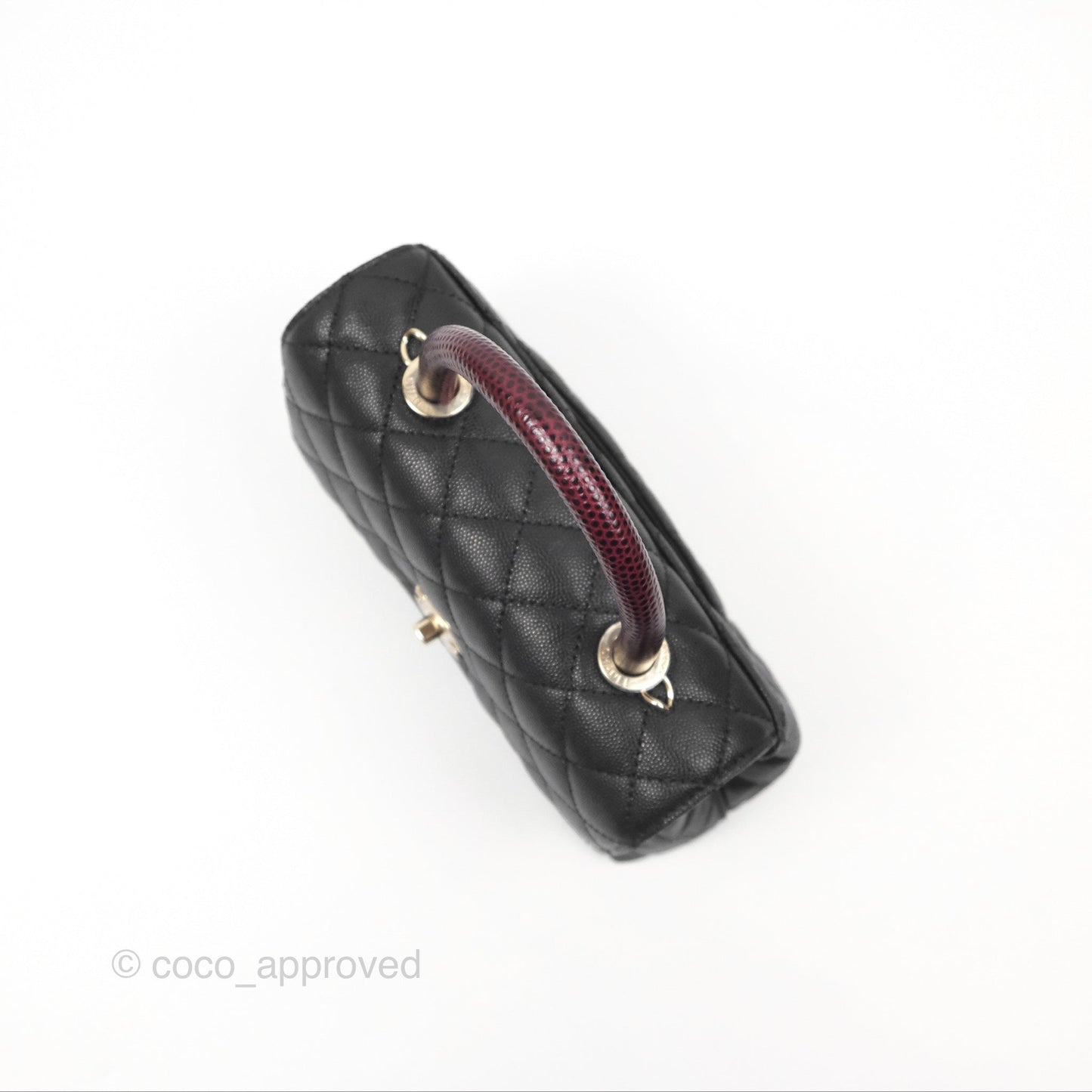 Chanel Small Coco Handle Quilted Black Caviar Gold Hardware Embossed Lizard Handle