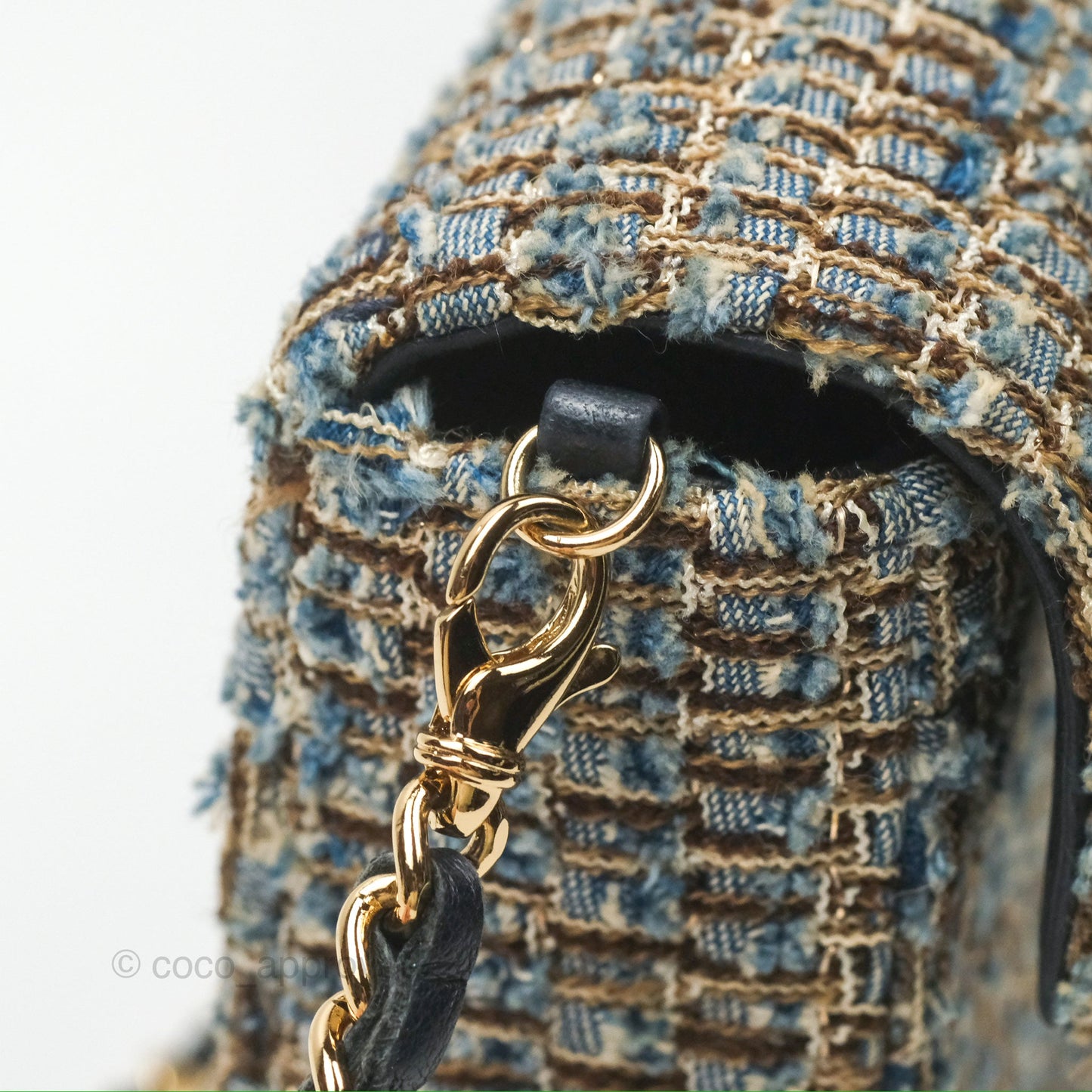 Chanel East West Chocolate Bar Flap Bag Grey Blue Tweed 24K Gold Hardware