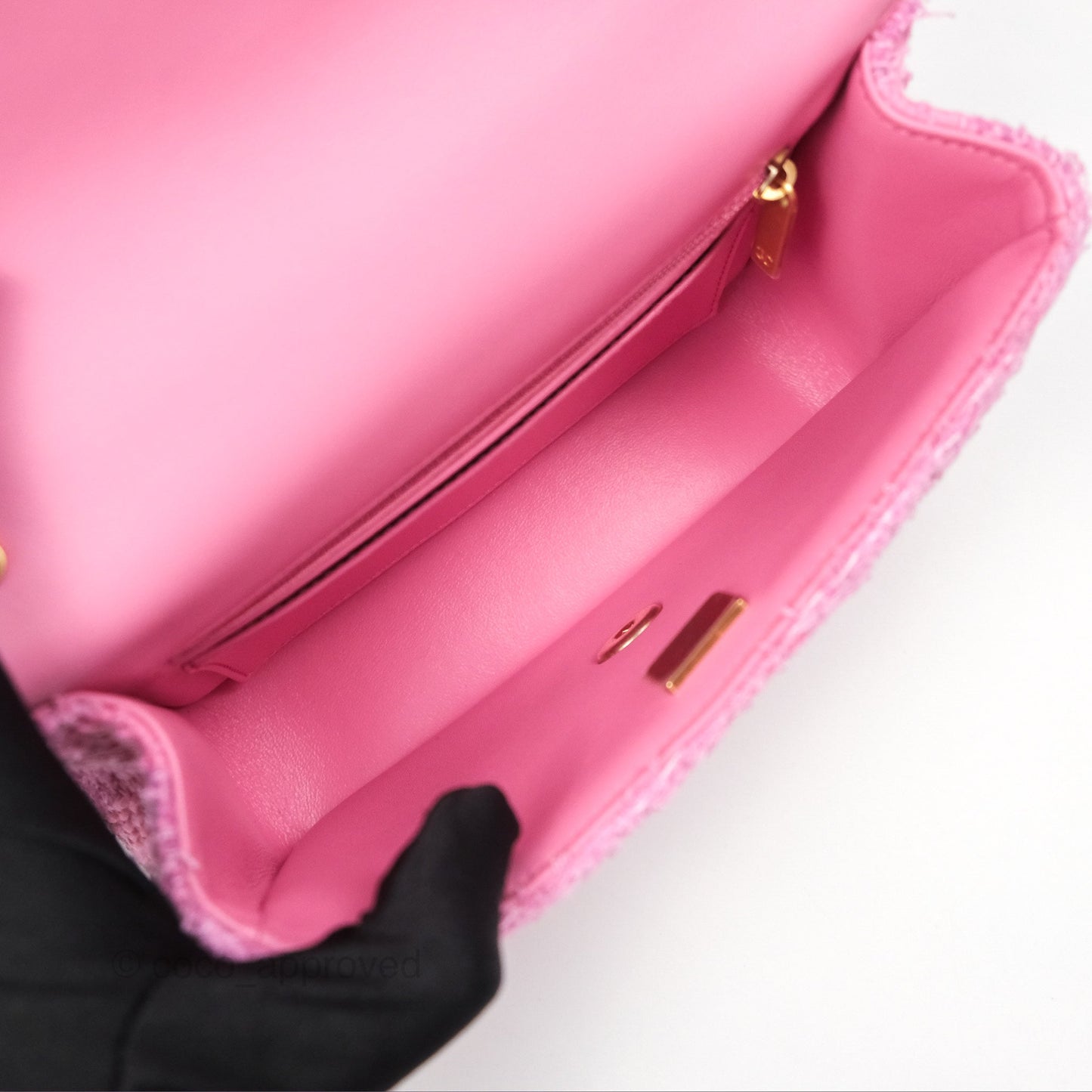 Chanel Mini Flap Bag with Pearl Chain Pink Tweed Aged Gold Hardware