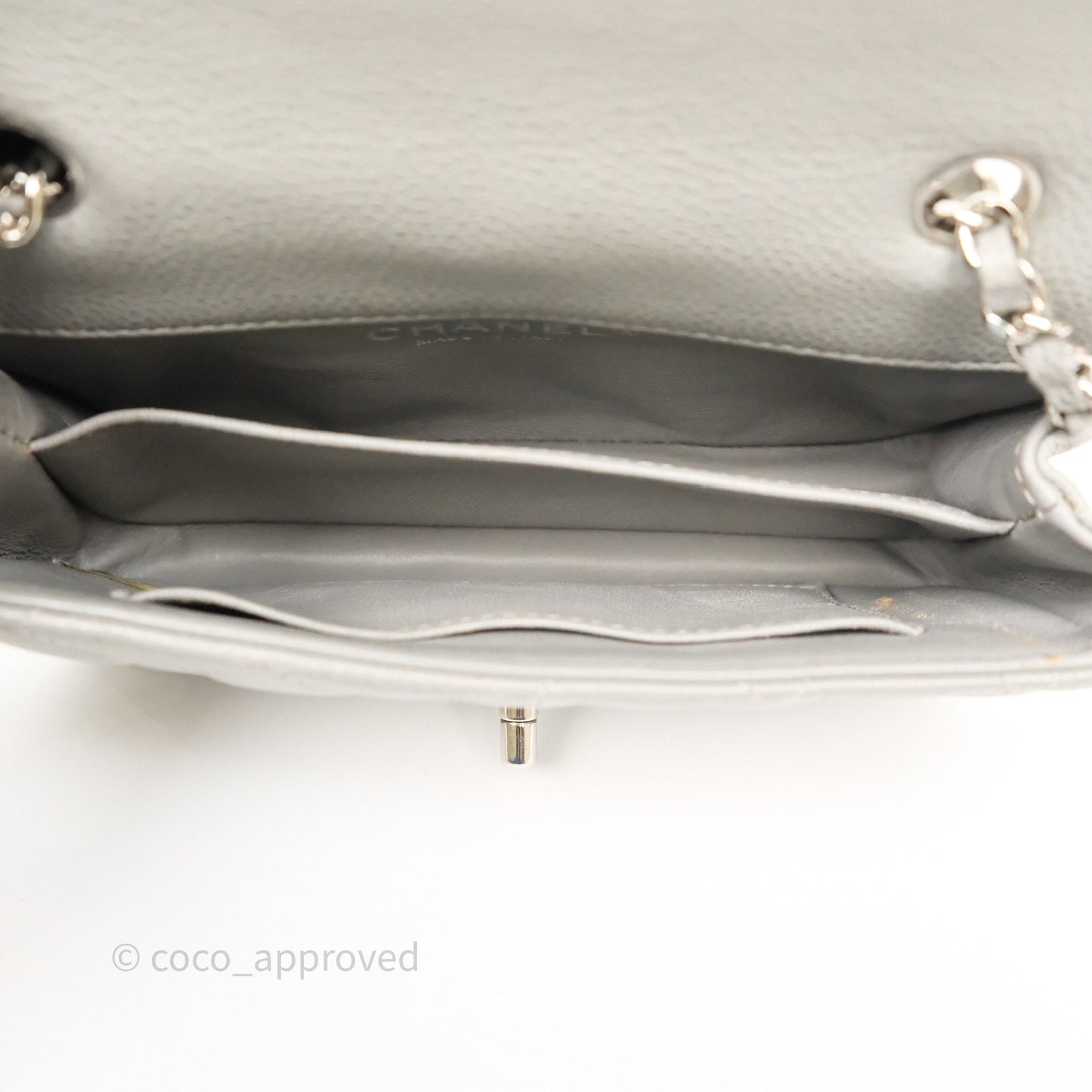 Chanel Extra Mini Rectangular Flap Quilted Light Grey Caviar Silver Hardware
