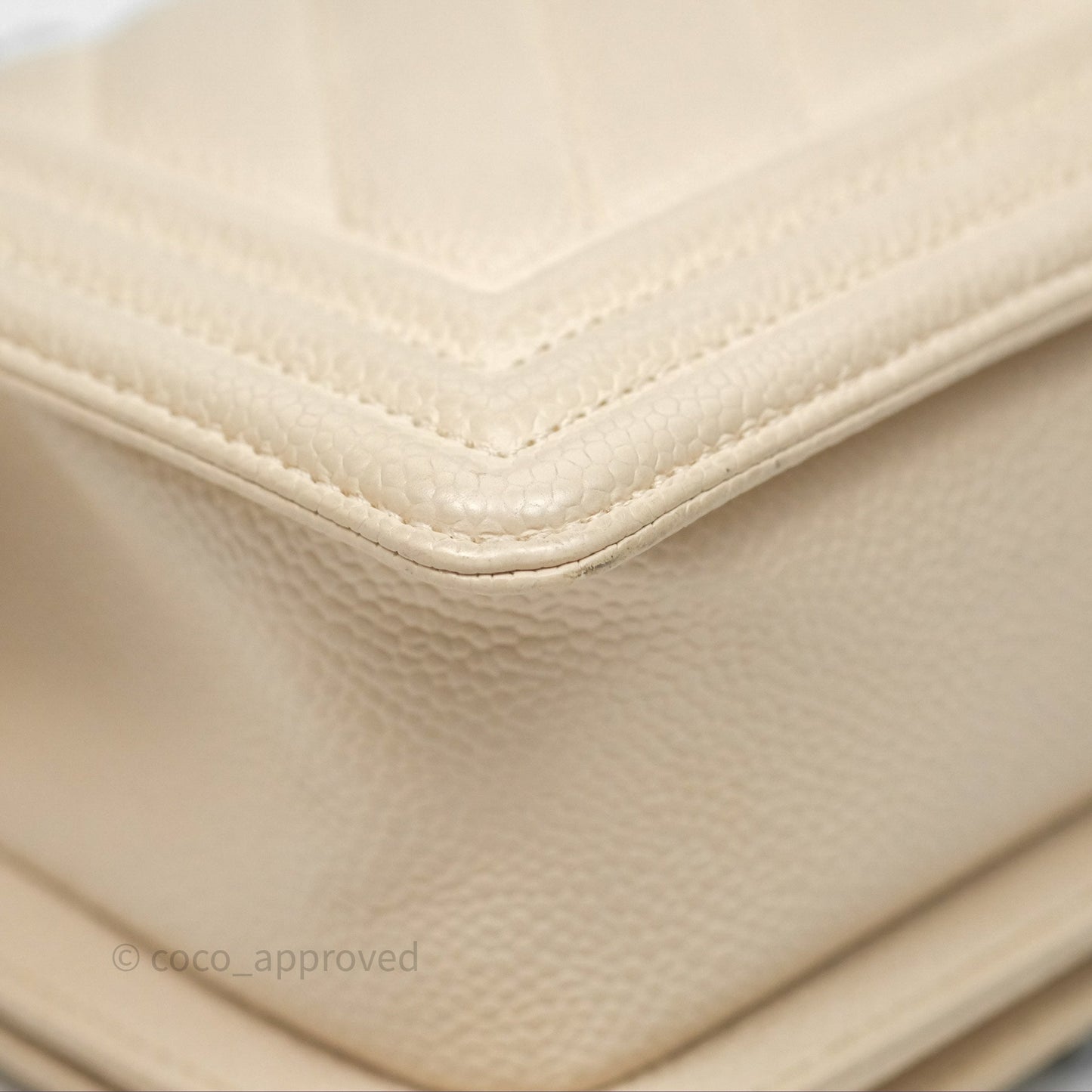 Chanel Small Boy Chevron Beige Caviar Ruthenium Hardware