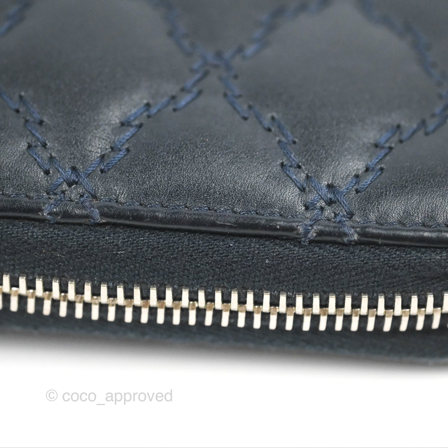 Chanel Quilted Zip Long Wallet Navy Lambskin Silver Hardware