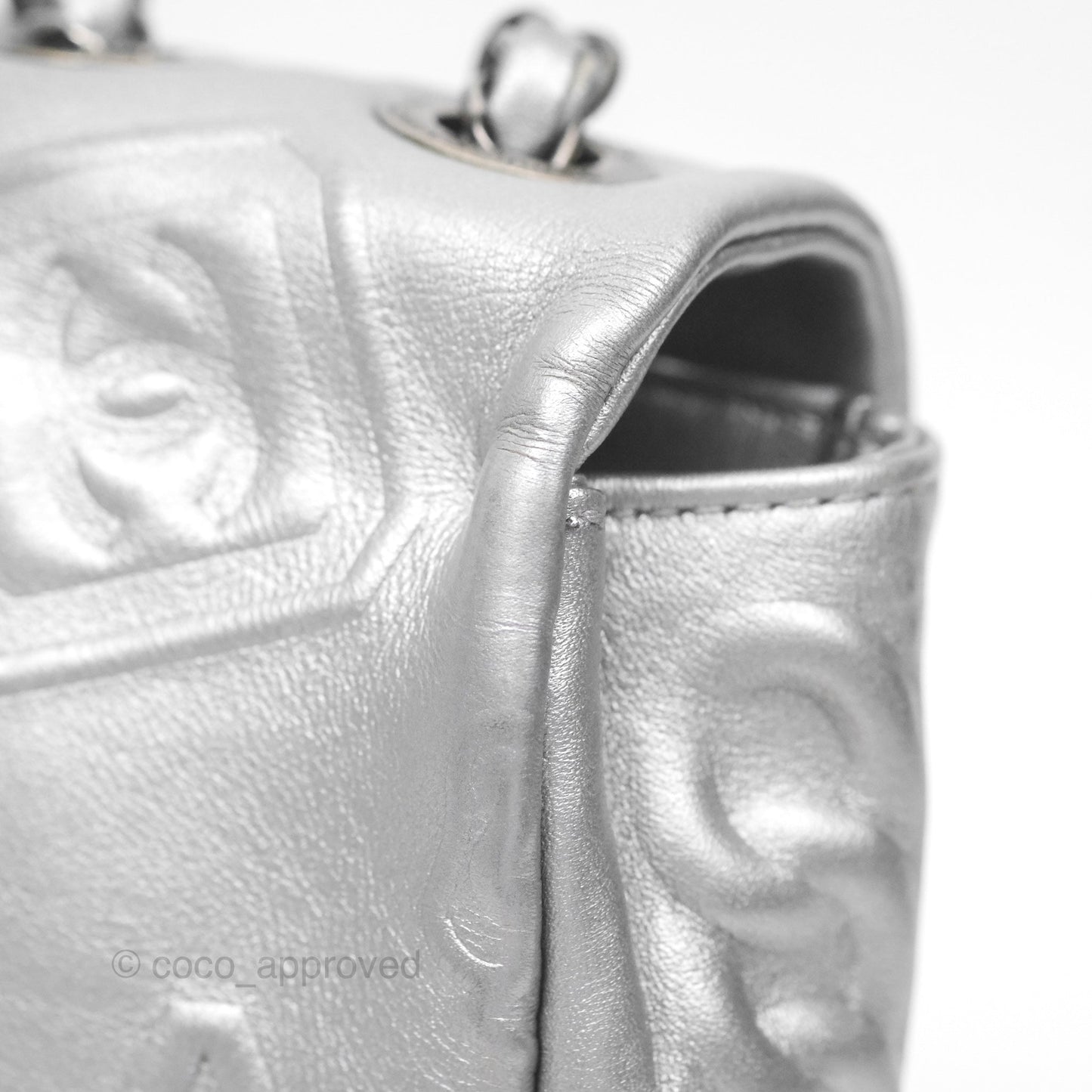 Chanel Medium Single Flap Embossed Metallic Silver Lambskin Ruthenium Hardware
