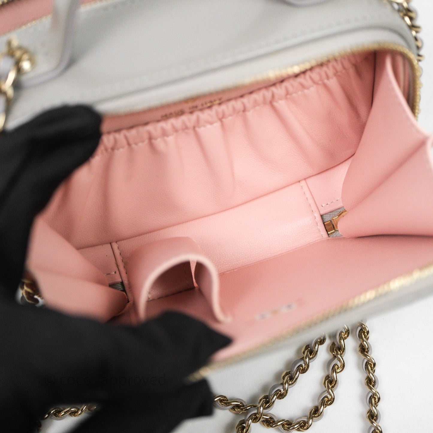 Chanel Mini Top Handle Camera Case Grey Shiny Calfskin Gold Hardware 22B