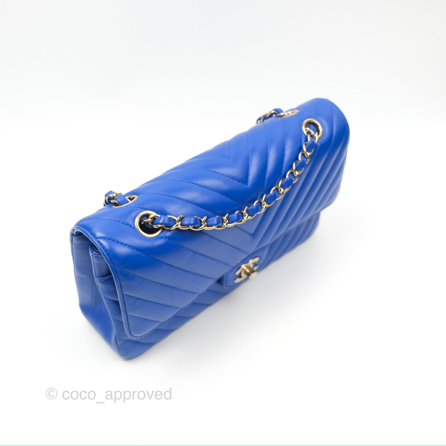 Chanel Medium Classic Flap Chevron Blue Lambskin Gold Hardware