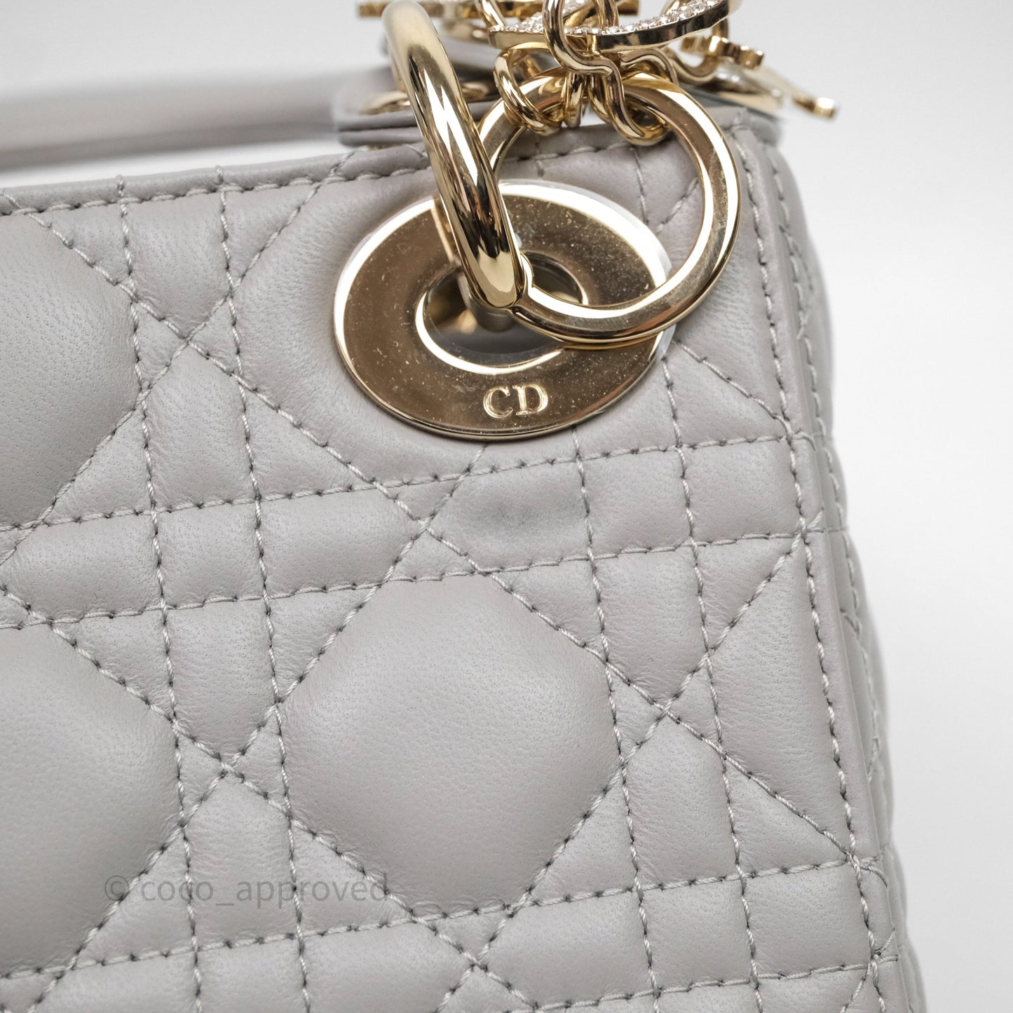 Christian Dior Mini Lady Dior Gray Lambskin Cannage Diamonds Gold Hardware