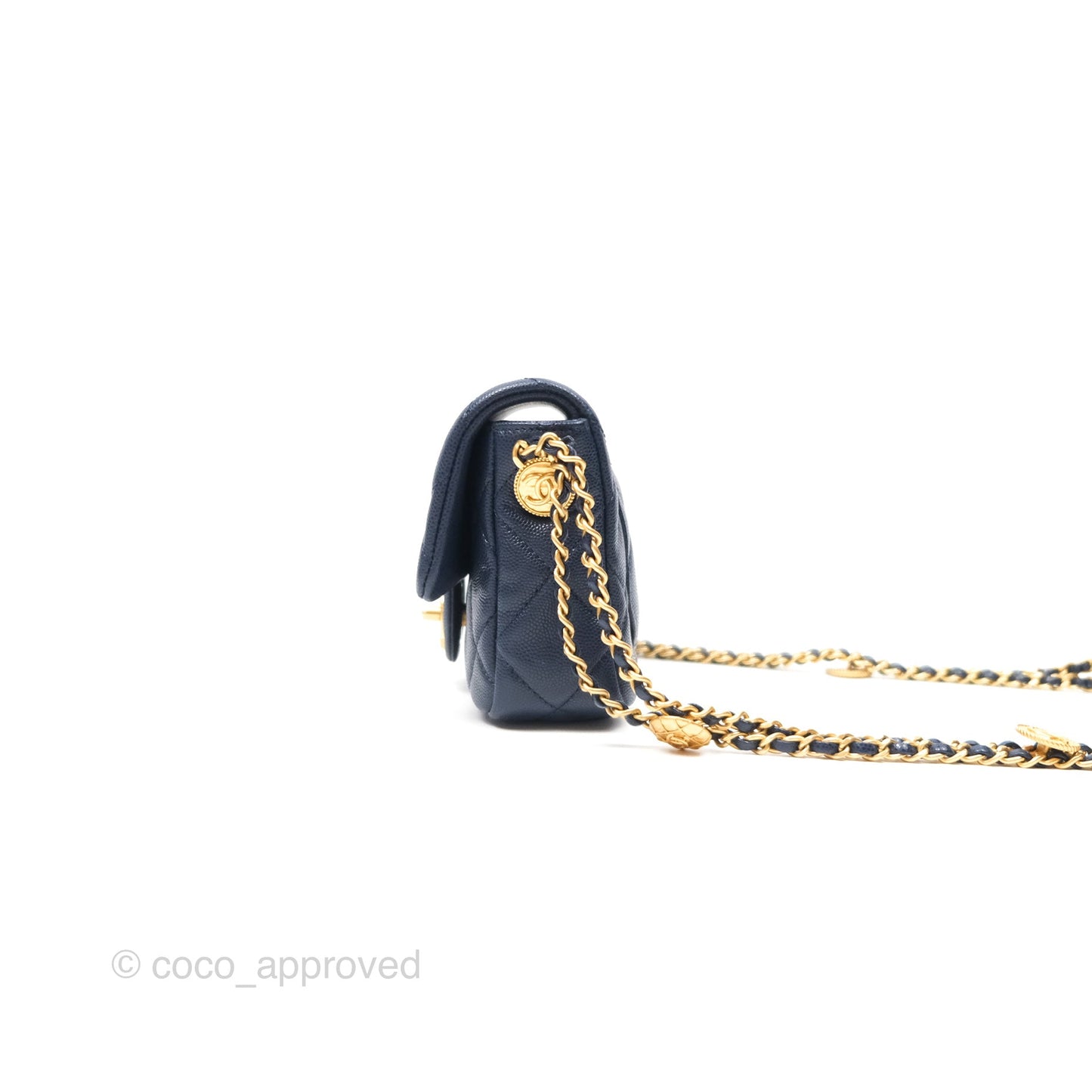 Chanel Mini Flap with Coin Charm Navy Caviar Aged Gold Hardware 22A