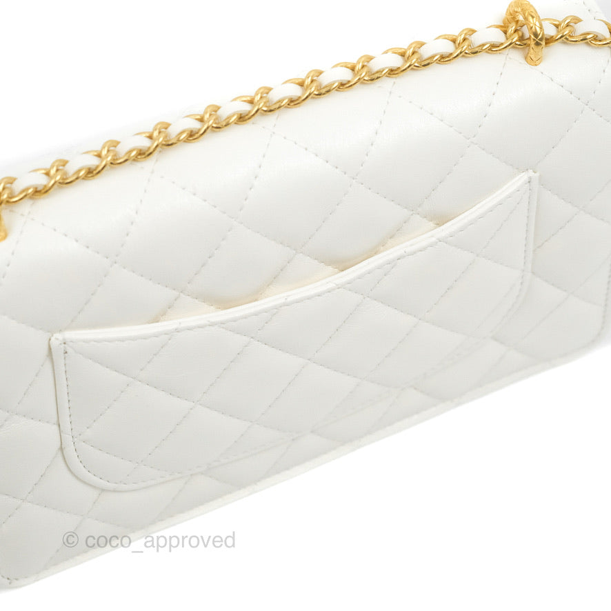 Chanel Quilted Double Chain WOC White Shiny Lambskin Aged Gold Hardware 23C
