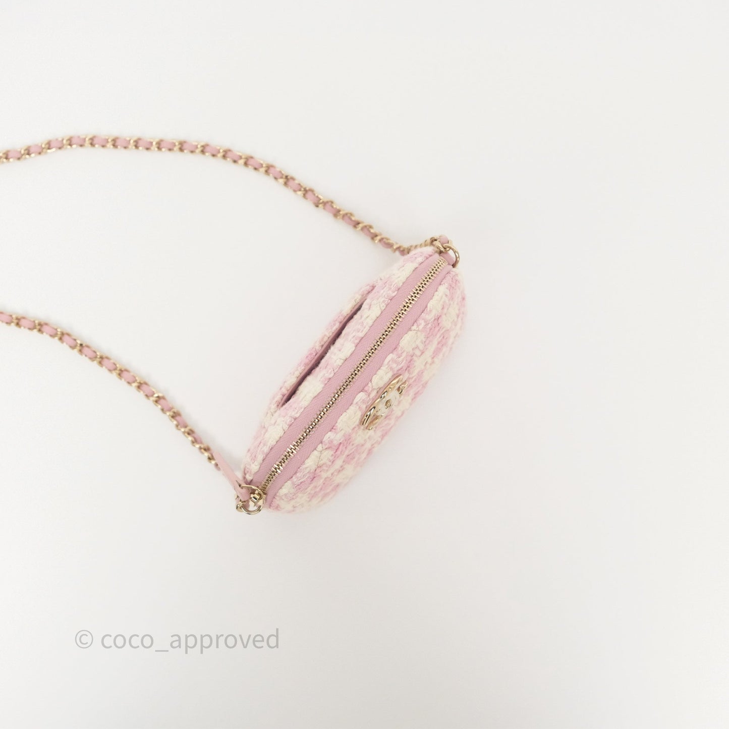Chanel Mini Pouch On Chain White Pink Houndstooth Tweed Gold Hardware