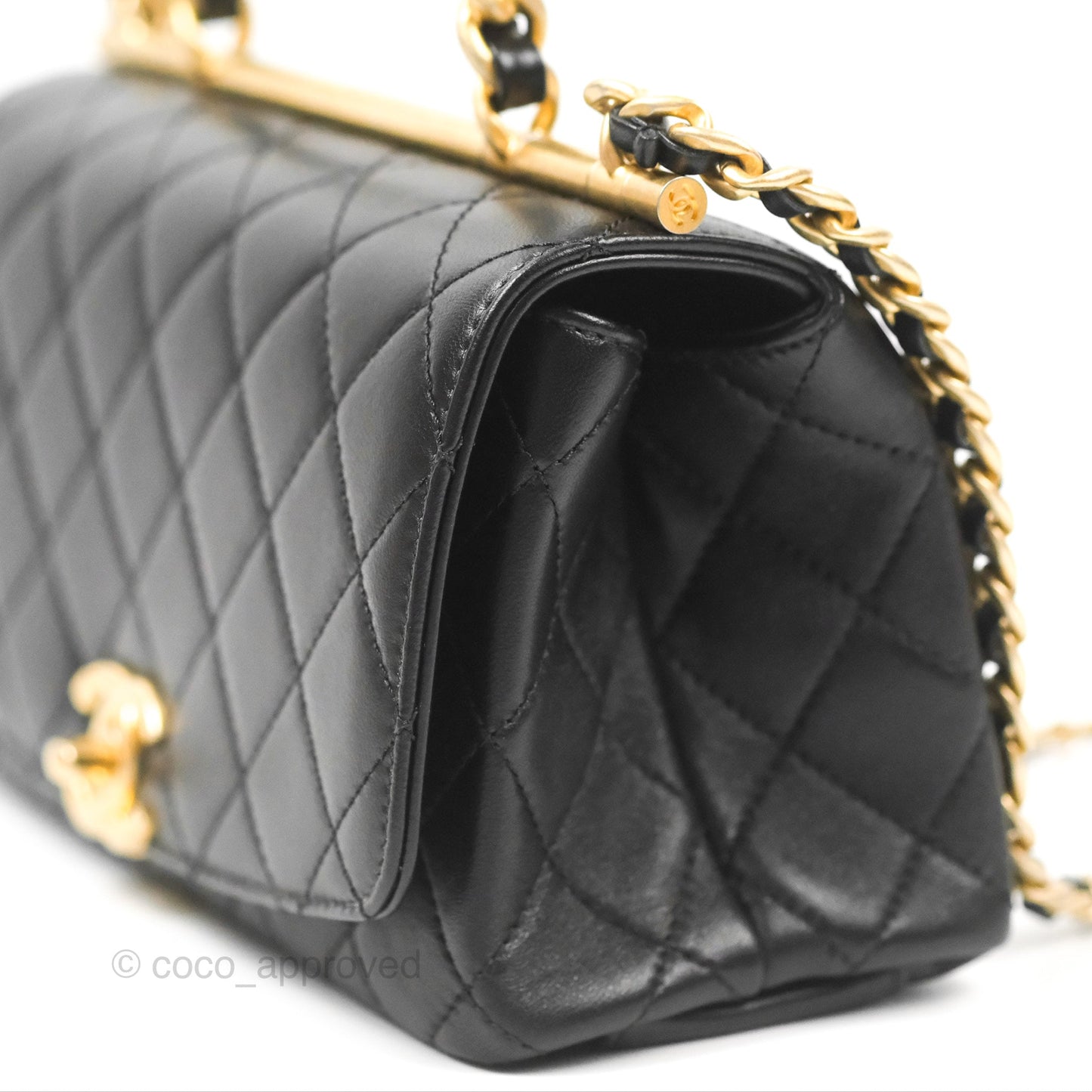 Chanel La Parisienne Top Handle Flap Bag Black Lambskin Aged Gold Hardware