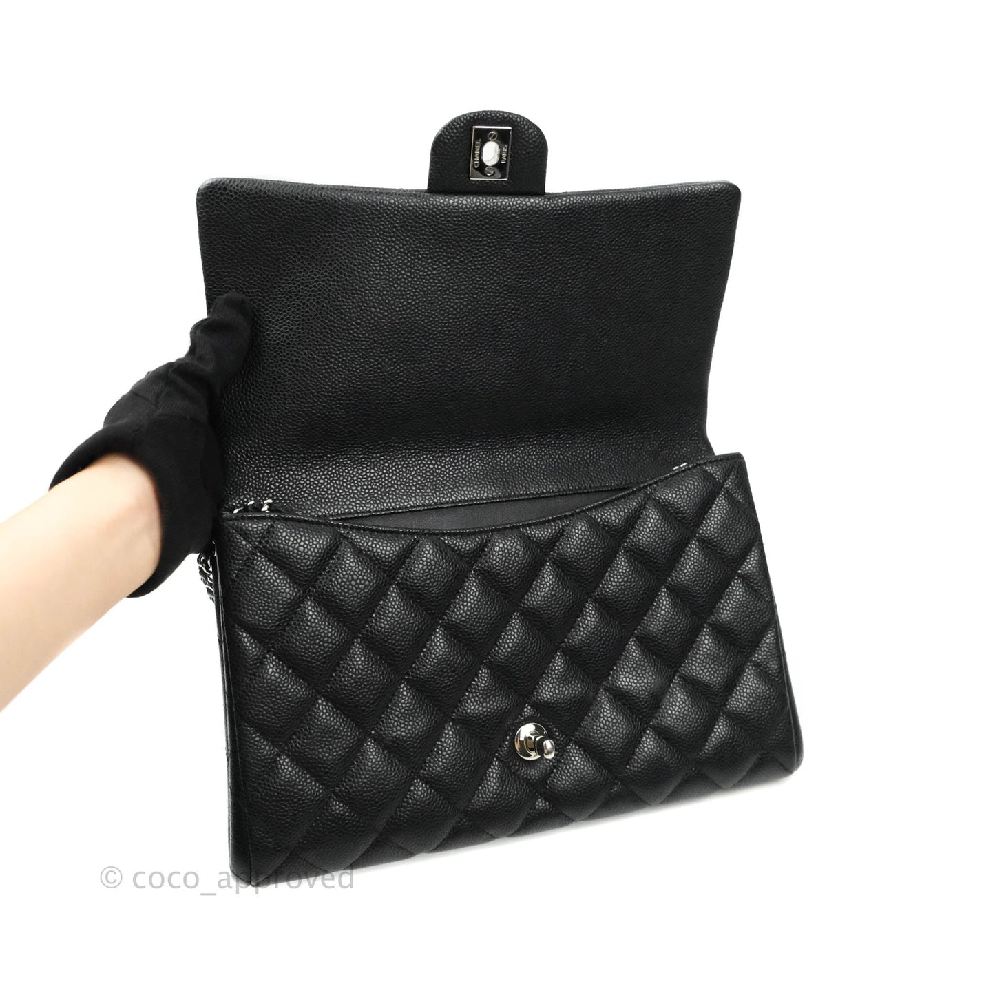 Chanel Quilted Clutch with Chain Black Caviar Silver Hardware