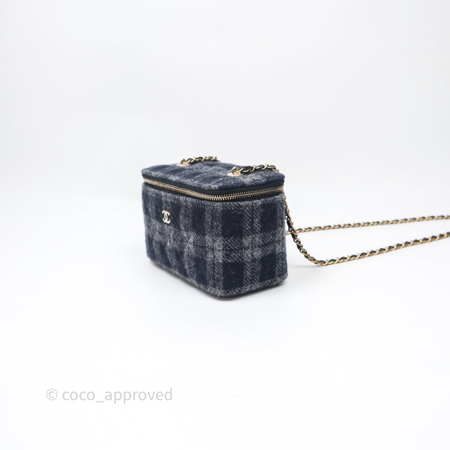 Chanel Vanity With Chain Navy Tweed Plaid Gold Hardware