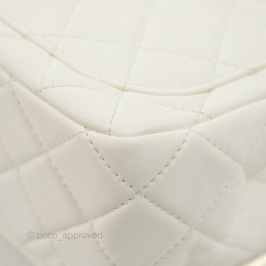 Chanel Mini Square Pearl Crush Quilted White Lambskin Aged Gold Hardware