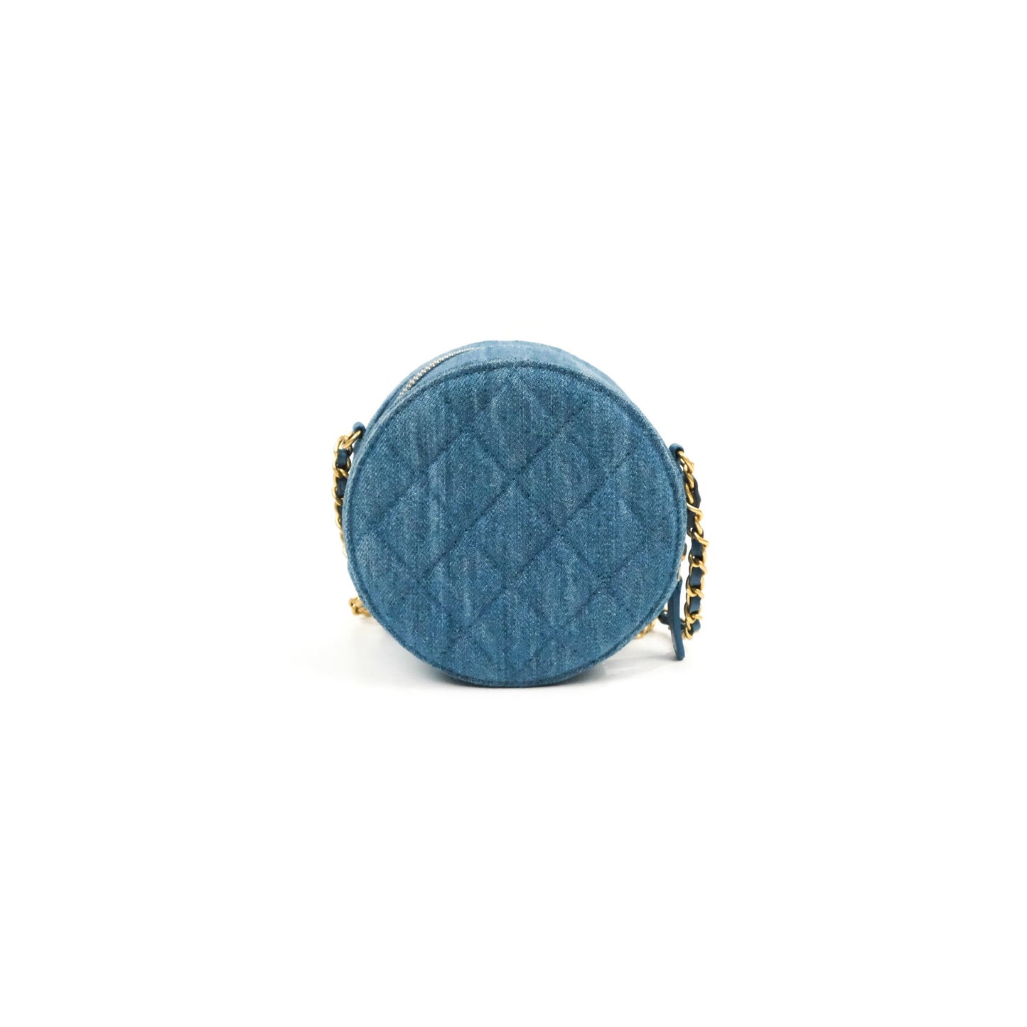 Chanel Quilted Pearl Crush Round Clutch With Chain Denim Aged Gold Hardware