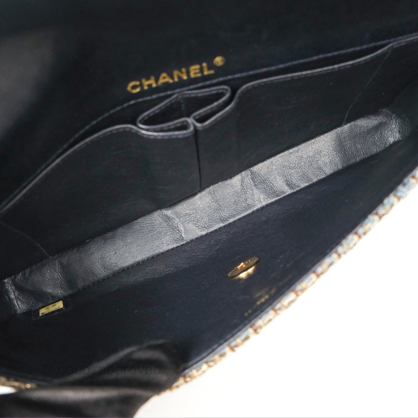 Chanel East West Chocolate Bar Flap Bag Grey Blue Tweed 24K Gold Hardware