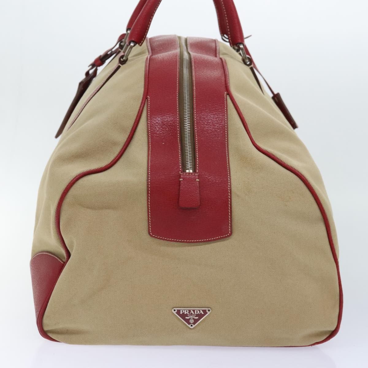 Luxury Prada Boston Bag Canvas Leather Beige Red Silver  91240
