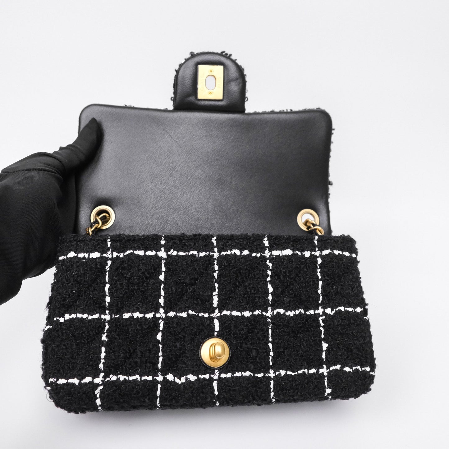 Chanel Pearl Crush Mini Rectangular Grid Black White Tweed Aged Gold Hardware