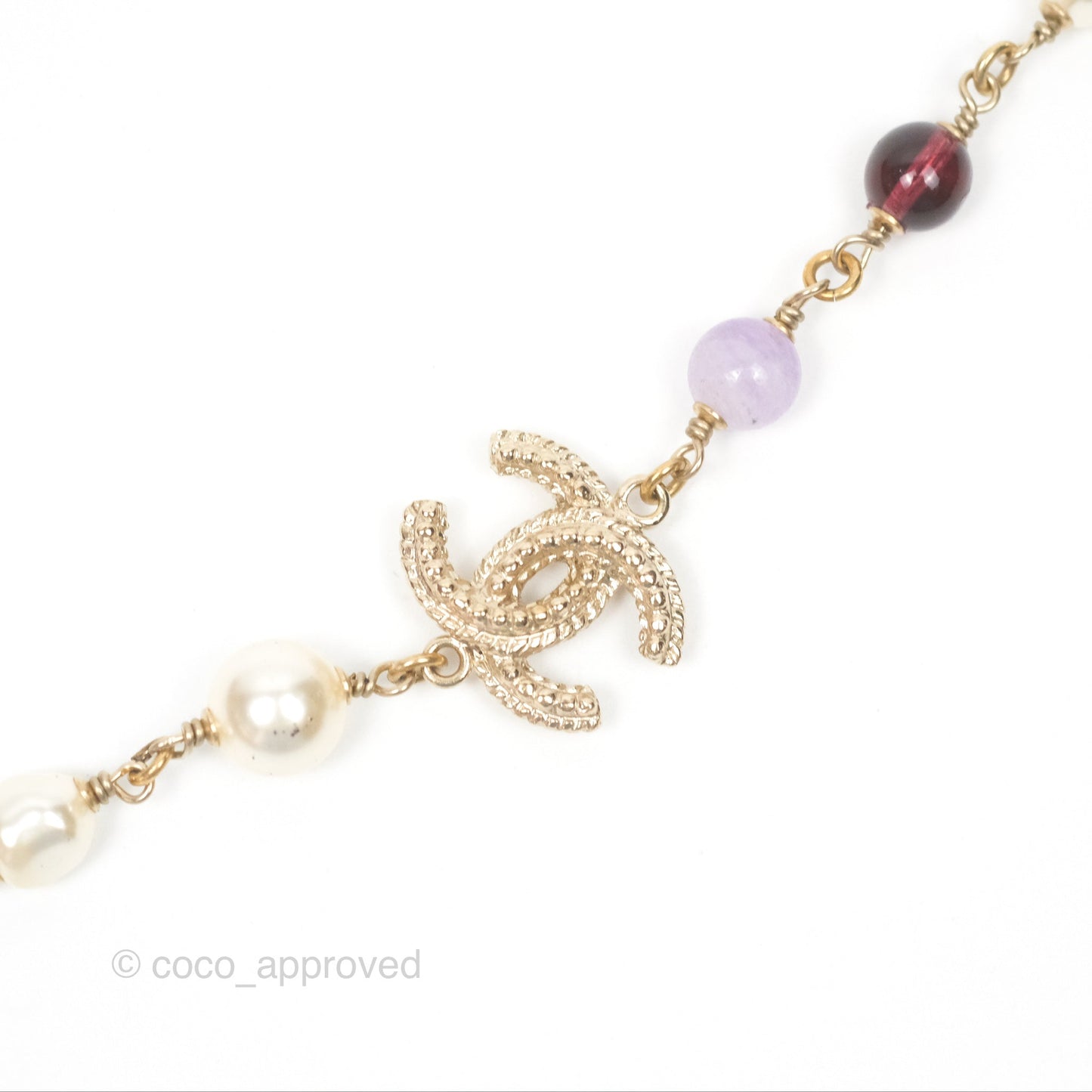 Chanel CC Pearl GemStone Long Necklace Gold Tone 17A