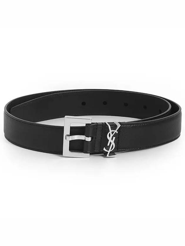 Luxury Saint Laurent Square Buckle Monogram Leather Belt Black