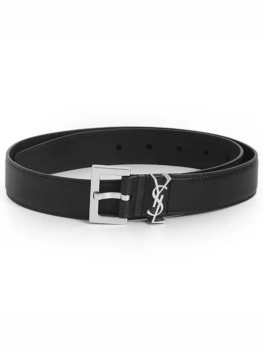 Luxury Saint Laurent Square Buckle Monogram Leather Belt Black