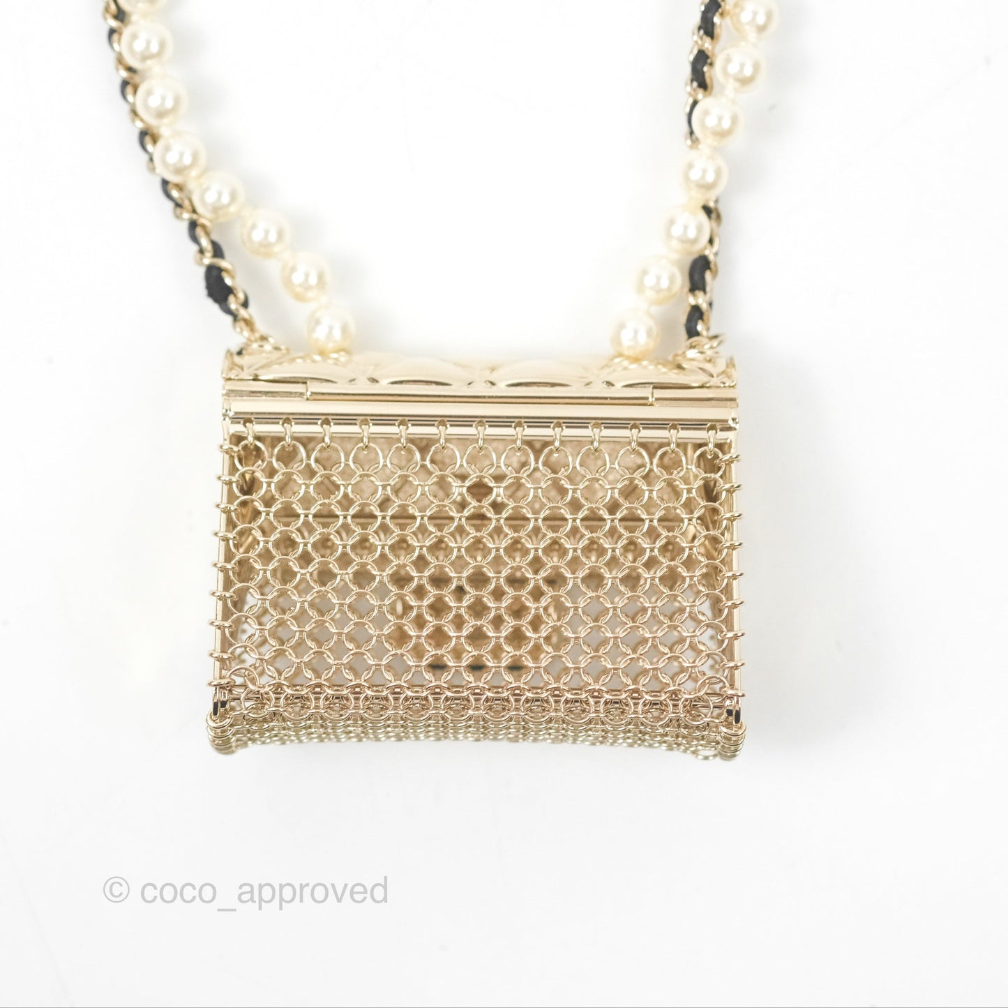 Chanel Flap Bag Charm Pearl Chain Black Leather Long Necklace Gold Tone 21S