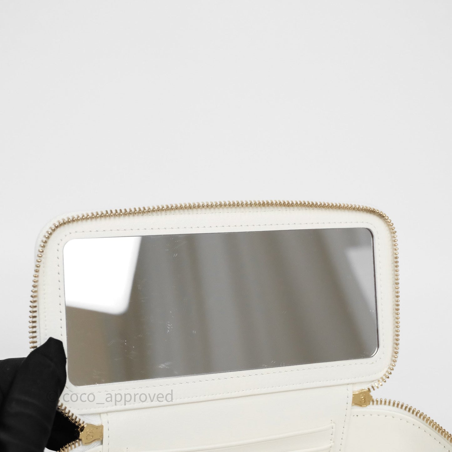 Chanel Logo Top Handle Vanity Rectangular White Caviar Aged Gold Hardware