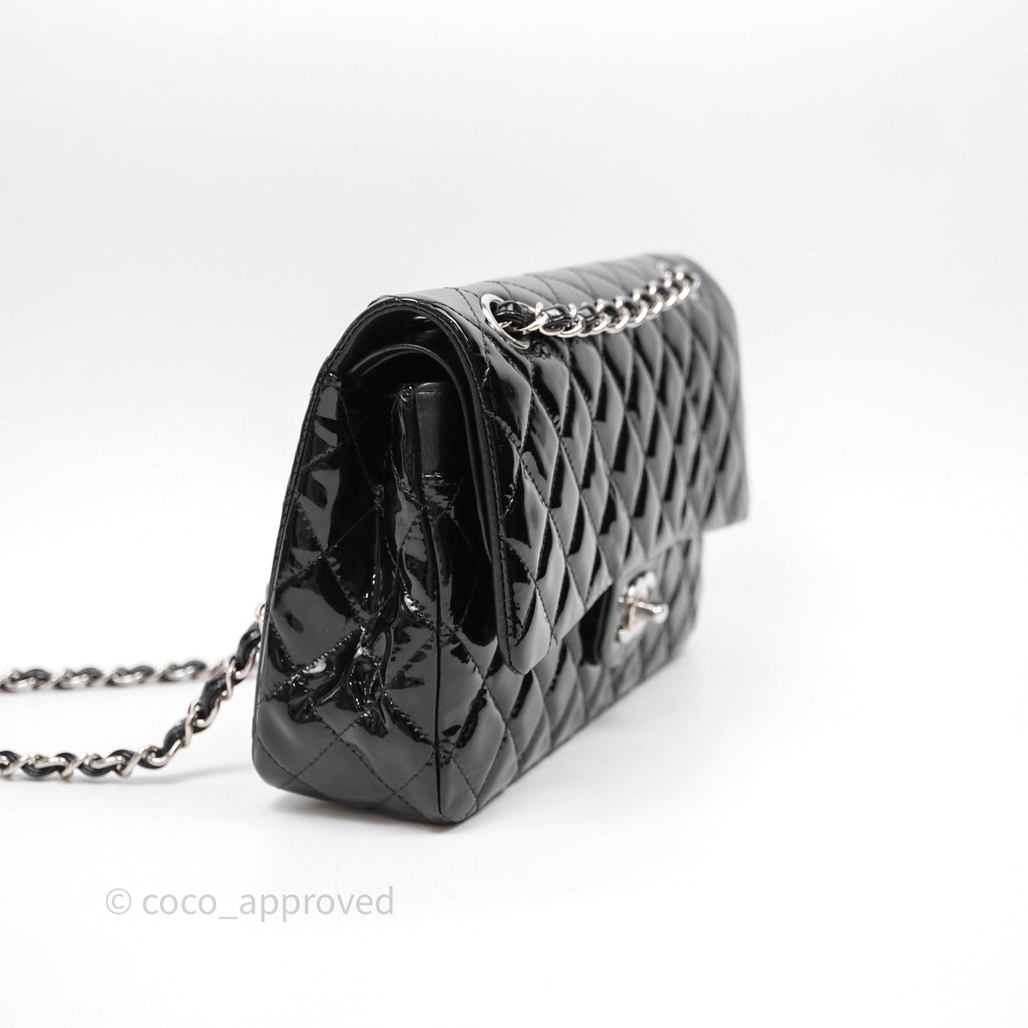 Chanel Medium Classic Flap Quilted Black Patent Silver Hardware