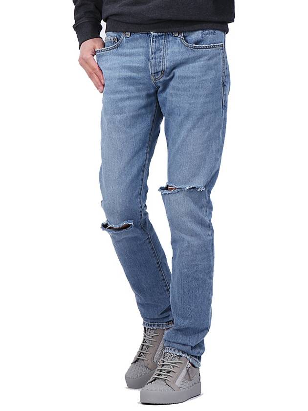 Luxury Saint Laurent Destroyed Embroidered Logo Jeans Blue